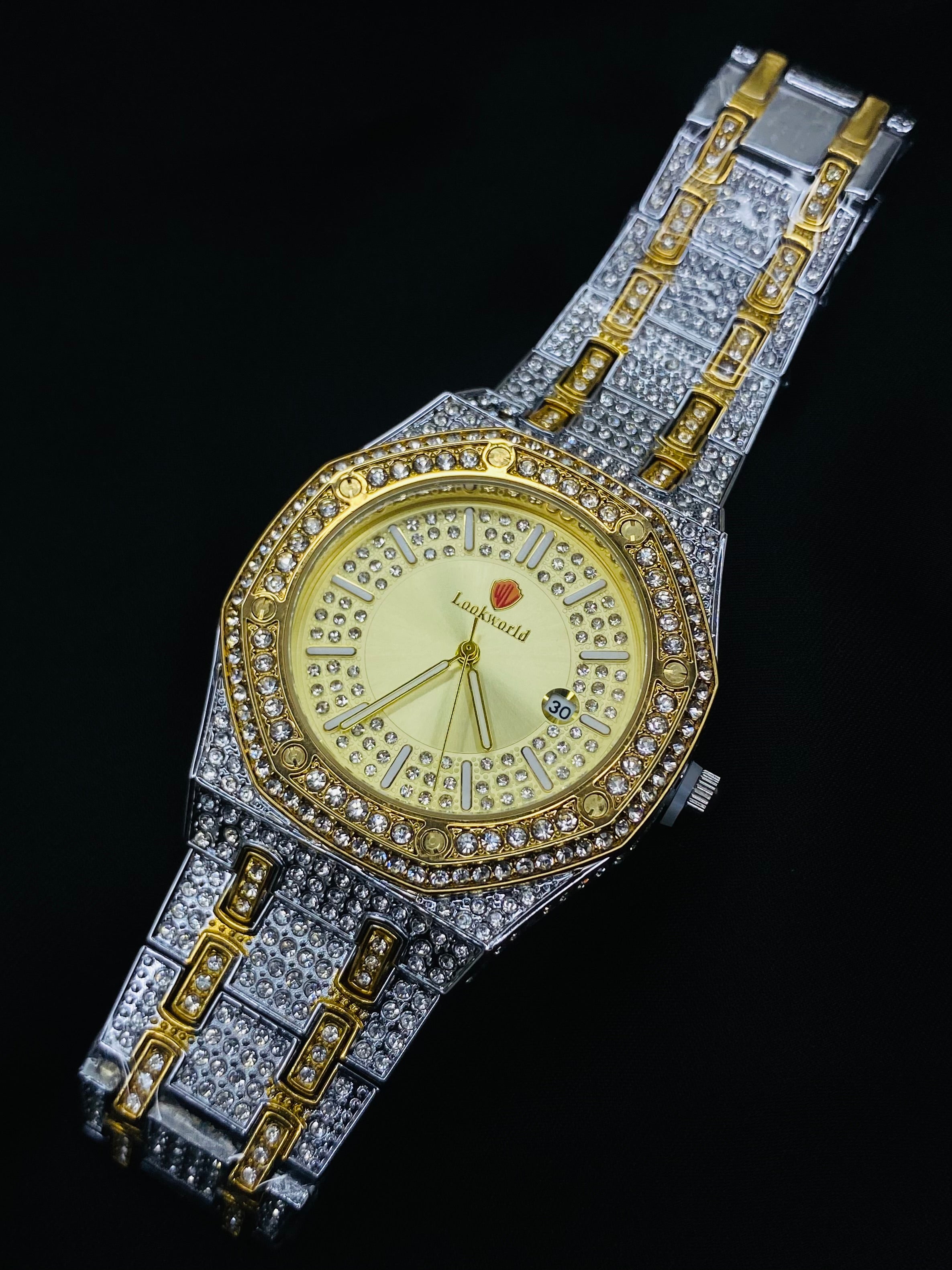 Lookworld Luxury Iced-Out Watch – Gold Dial with Diamond Finish