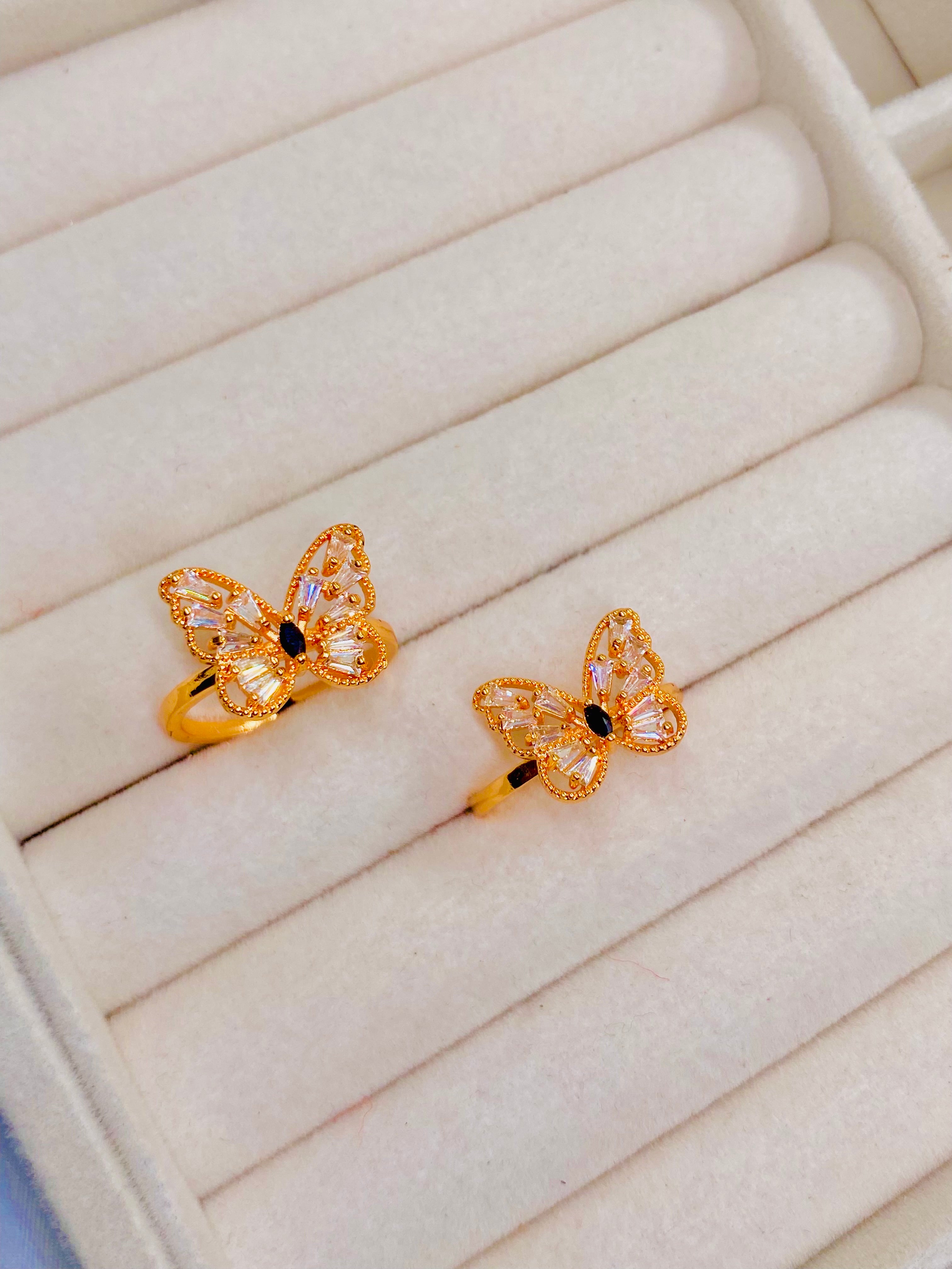 Graceful Gold Butterfly Rings with Crystal Accents