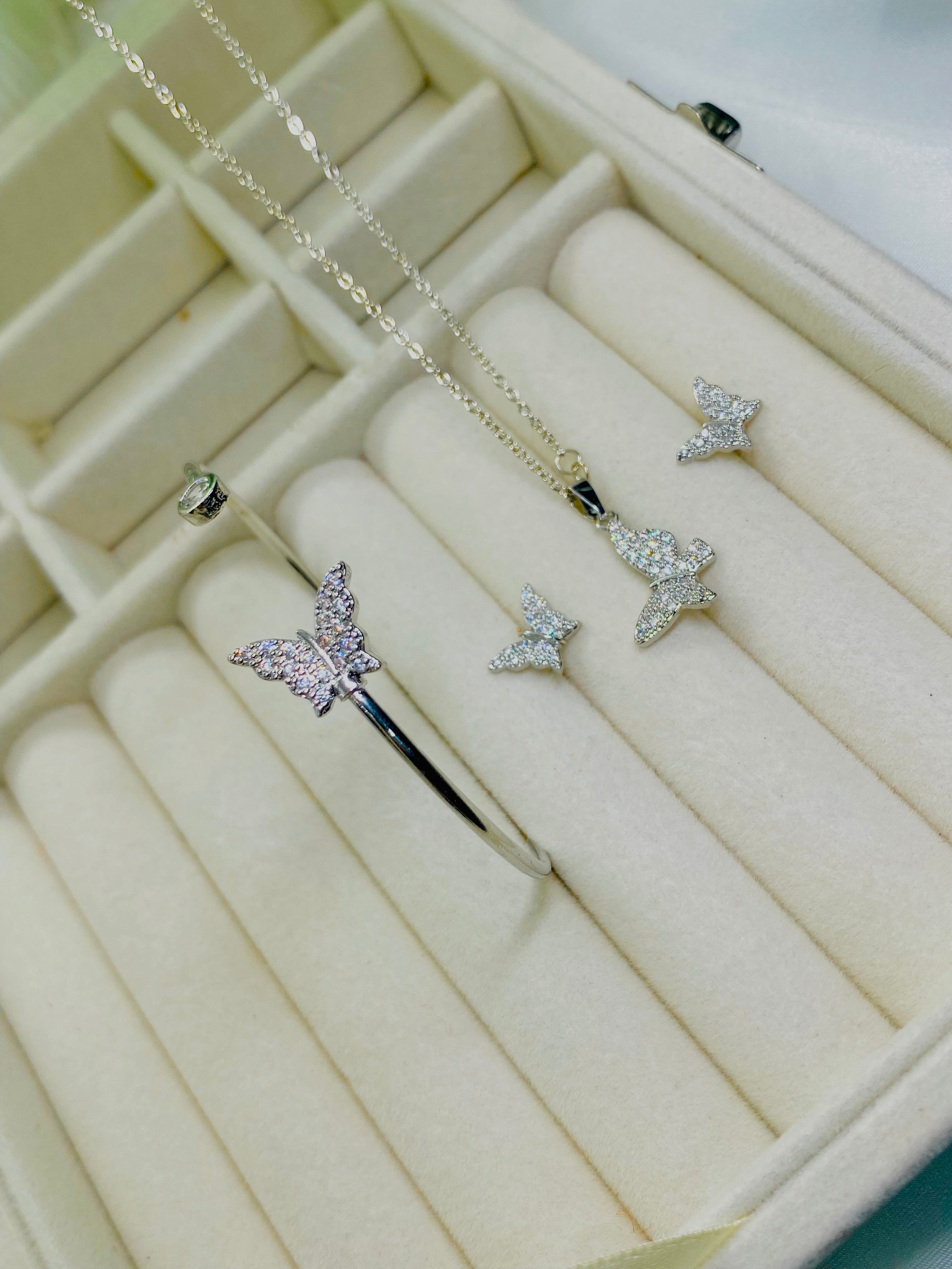 Elegant Silver-Plated Butterfly Pendant Set with Crystal Accents