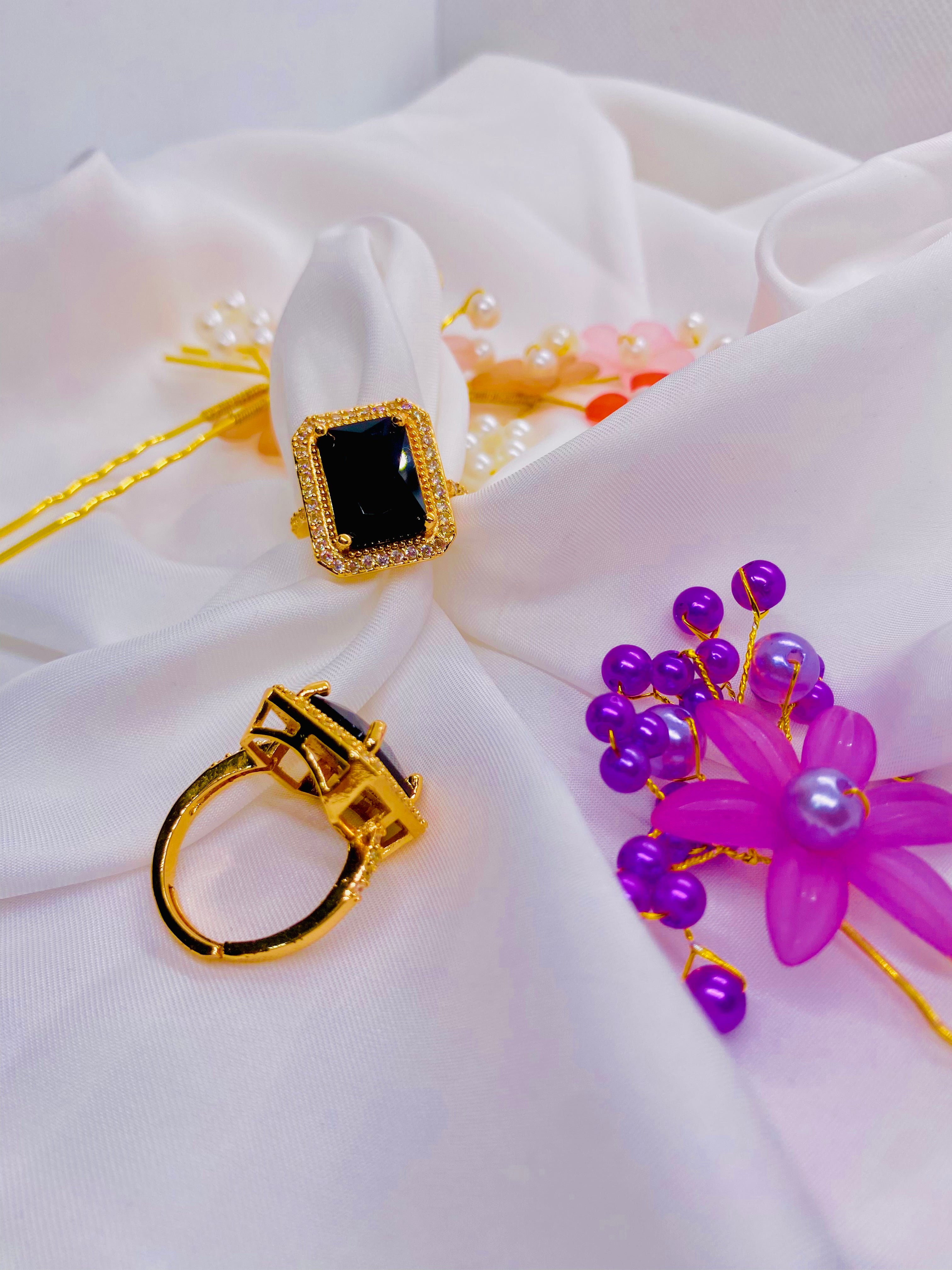 Elegant Gold-Plated Black Stone Statement Ring