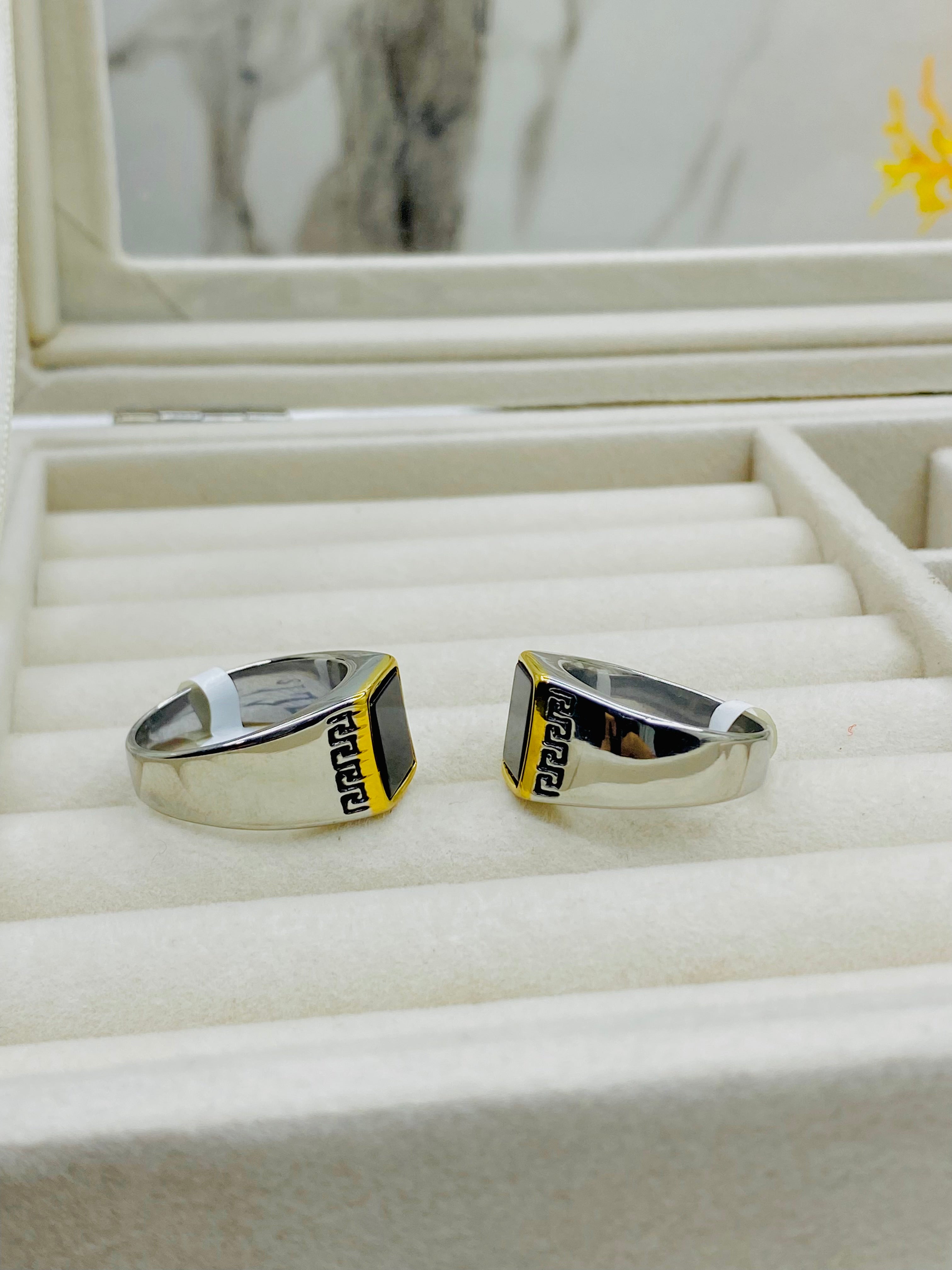 Modern Square Black Onyx Rings with Gold and Greek Detailing