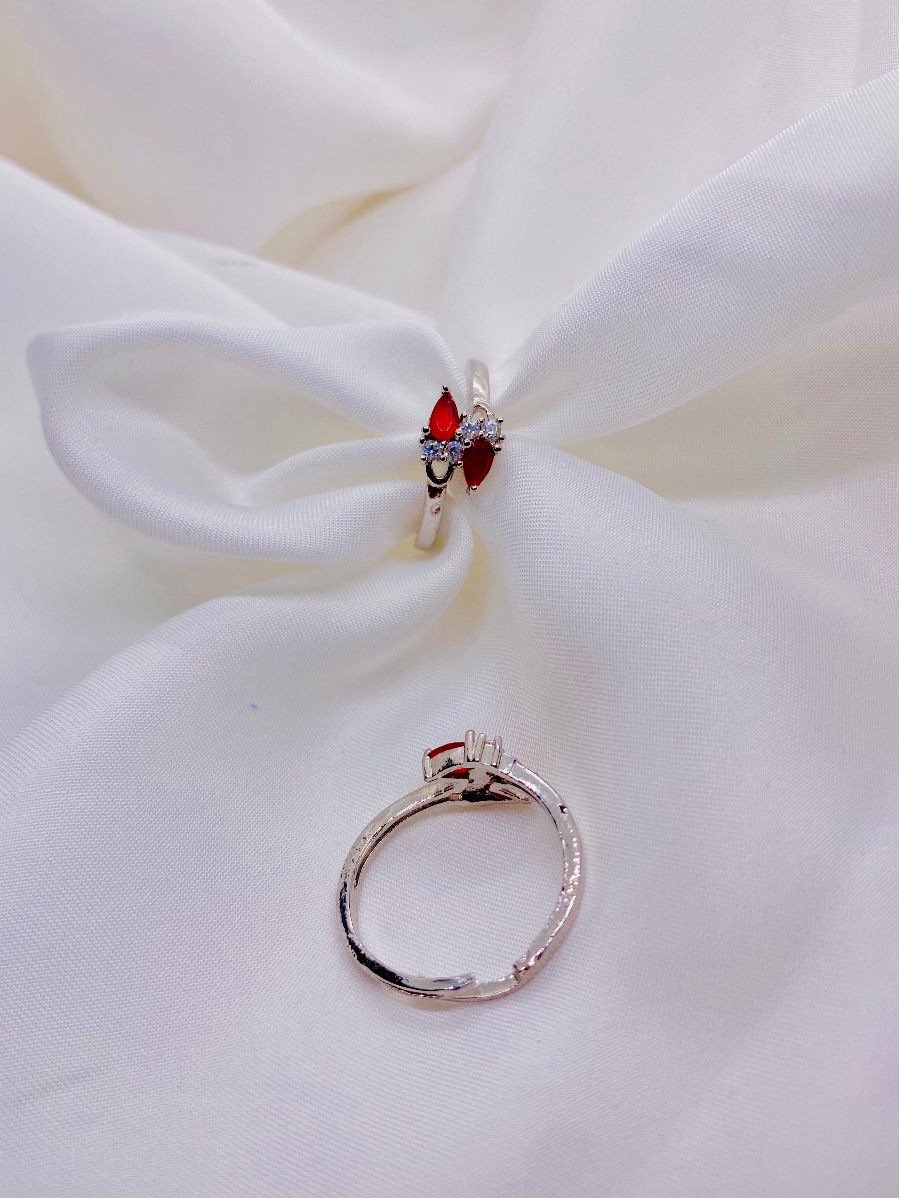 Elegant Ruby-Red Adjustable Couple Rings with Diamond Accents