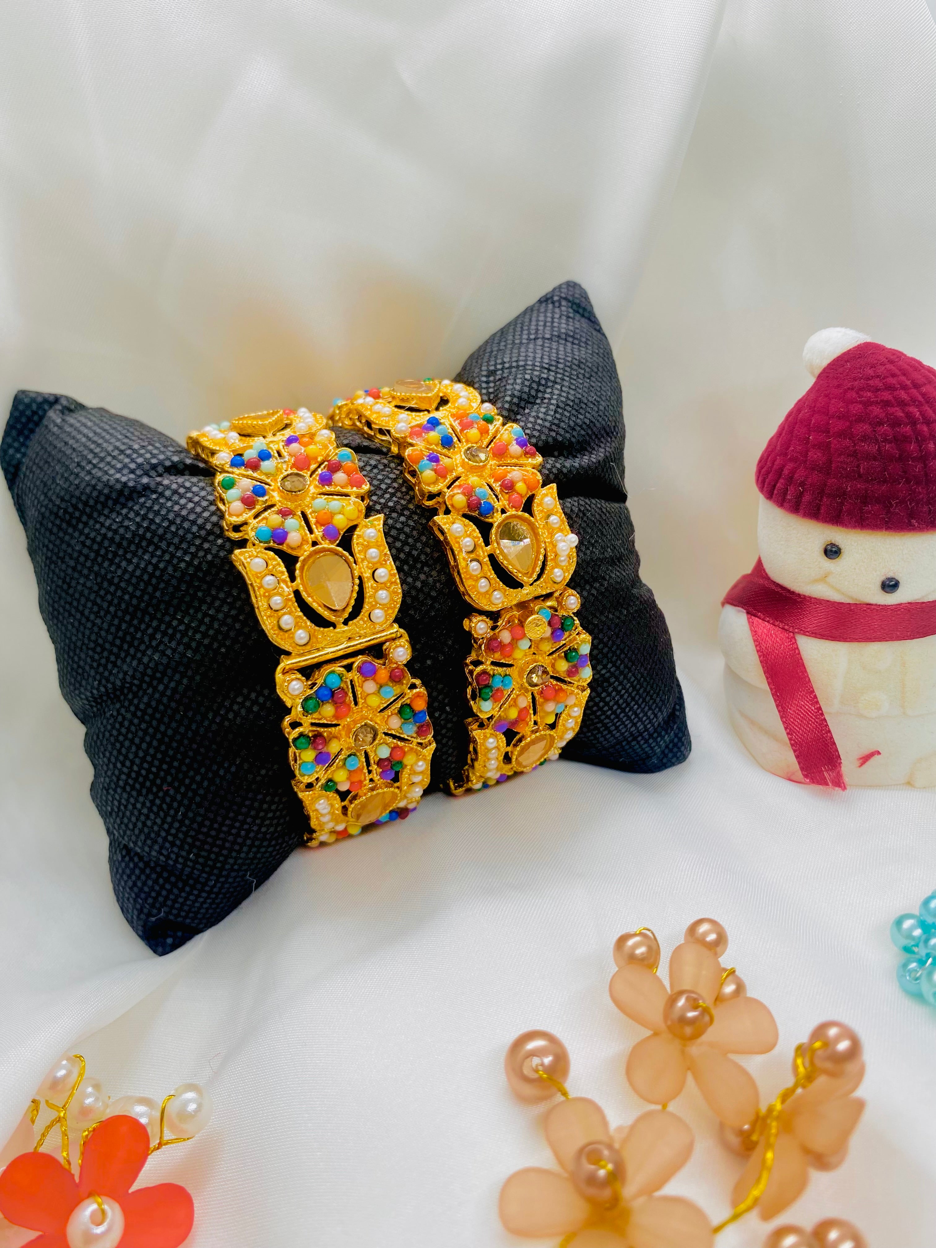 Traditional Gold-Plated Kundan Bangles with Multicolor Stones