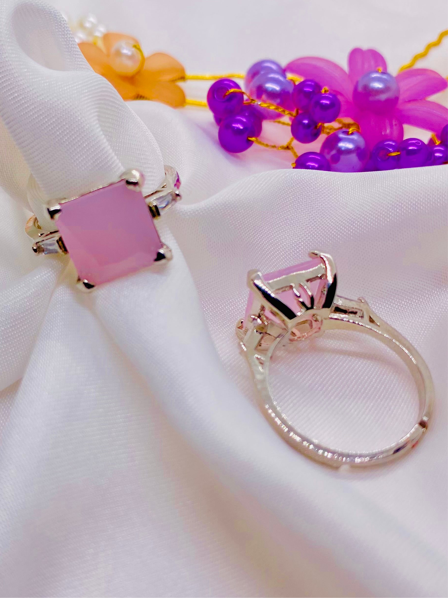 Soft Blush Pink Stone Rings in Silver Setting