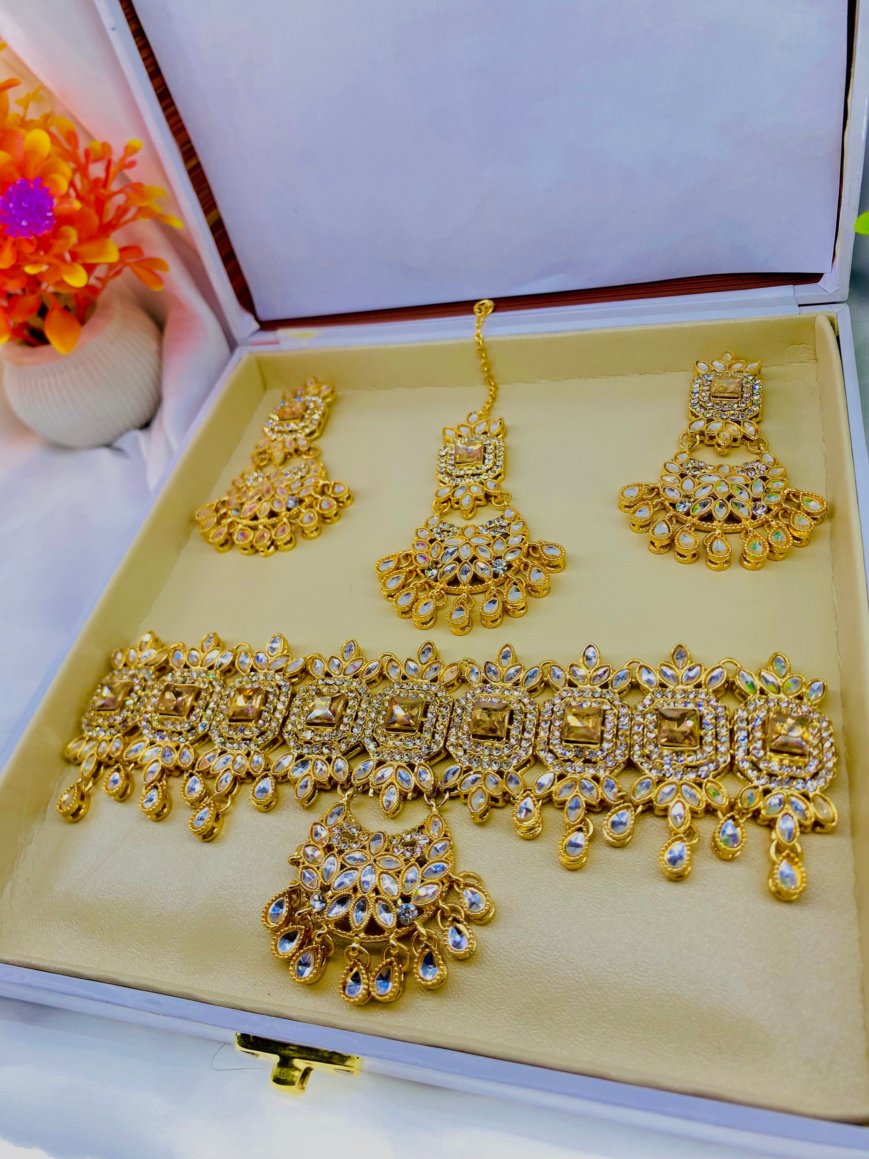 Elegant Gold-Tone AD Stone Choker Set with Maang Tikka and Earrings