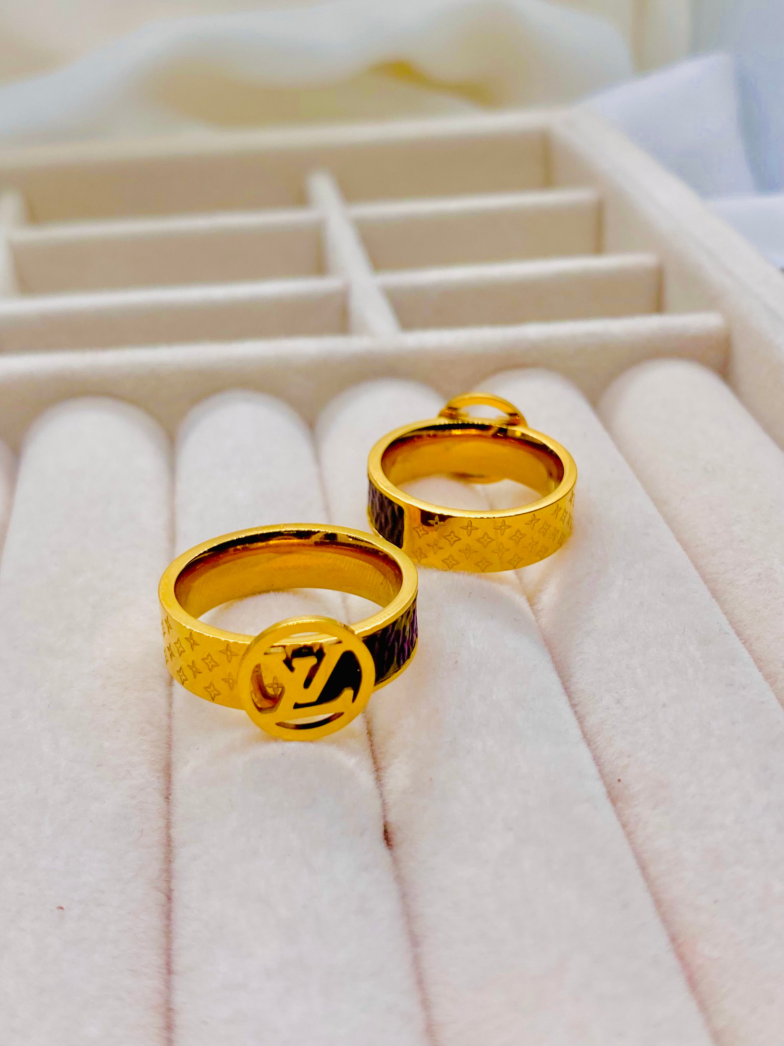 Louis Vuitton-Inspired Gold Rings with Signature LV Monogram