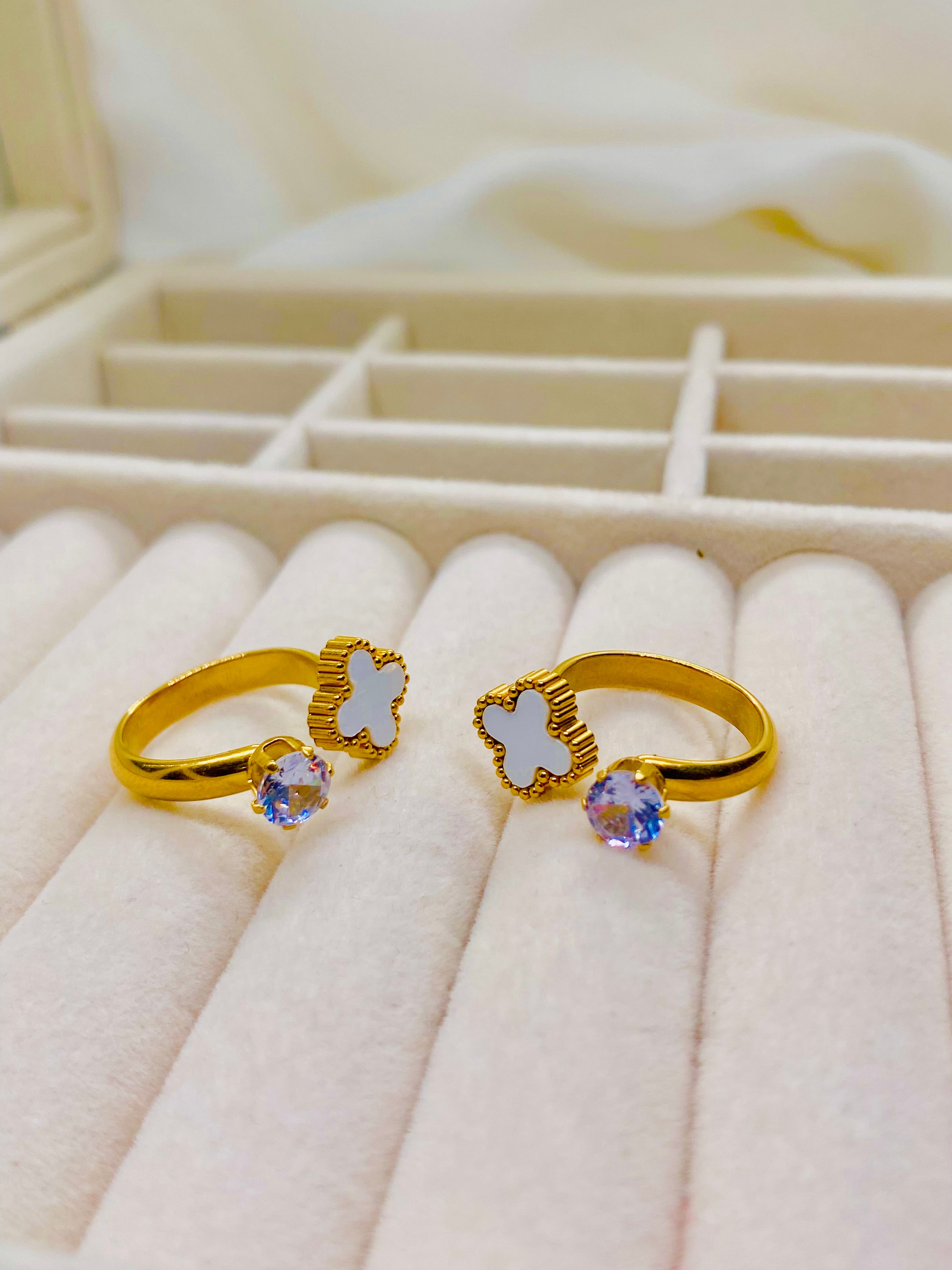Elegant Gold-Plated Adjustable Rings with White Clover and Crystal Accents