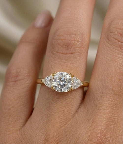 Cushion Cut Three Stone Engagement Ring in 14k Gold, Moissanite Three Stone Ring, Trillion Side Stones Wedding Ring,Anniversary Gift for Her