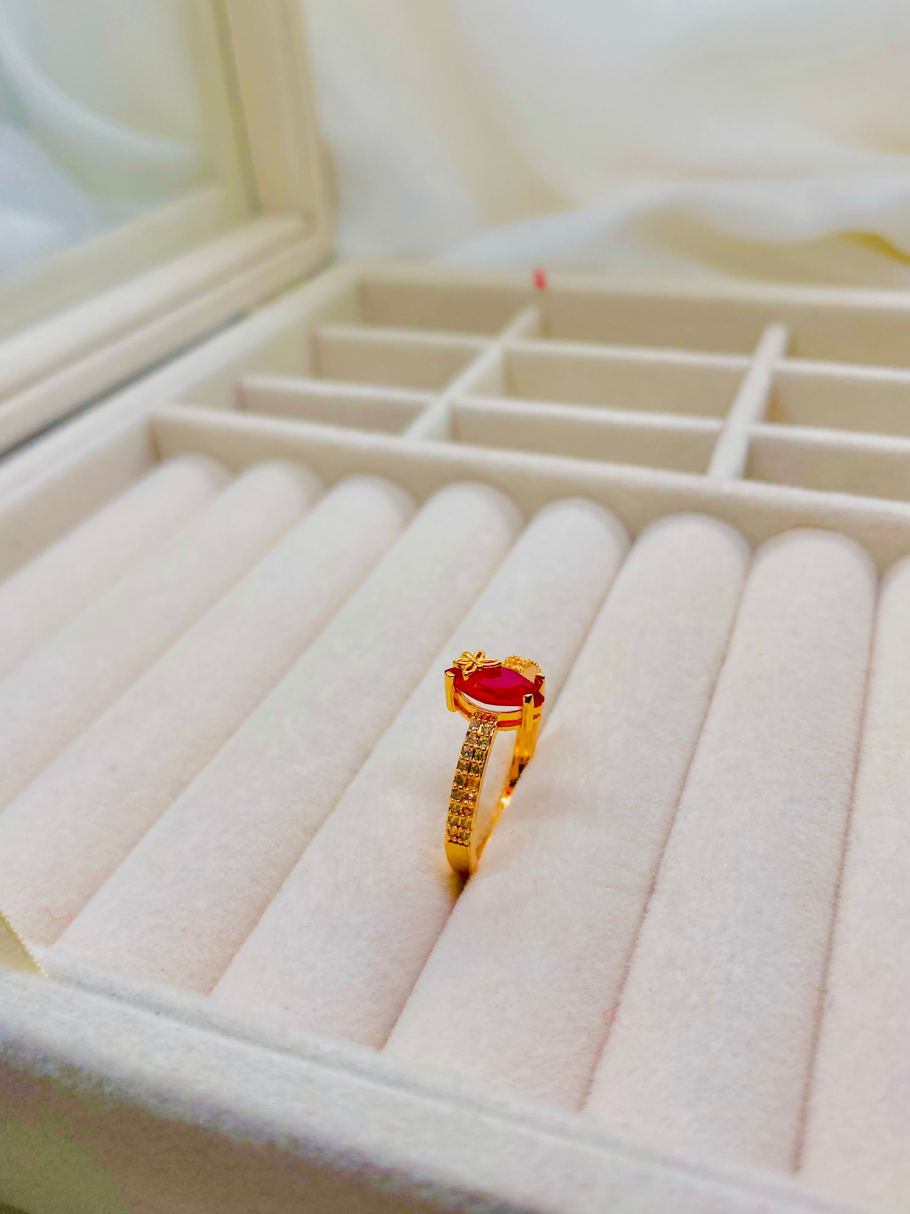 Golden Red Heart Ring with Butterfly Accent