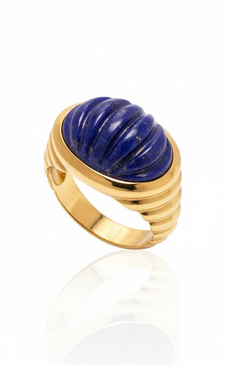 Vintage Art Deco Fluted Lapis Lazuli Cocktail Ring in 18K Solid Gold – Minimalist Ribbed Band Statement Ring
