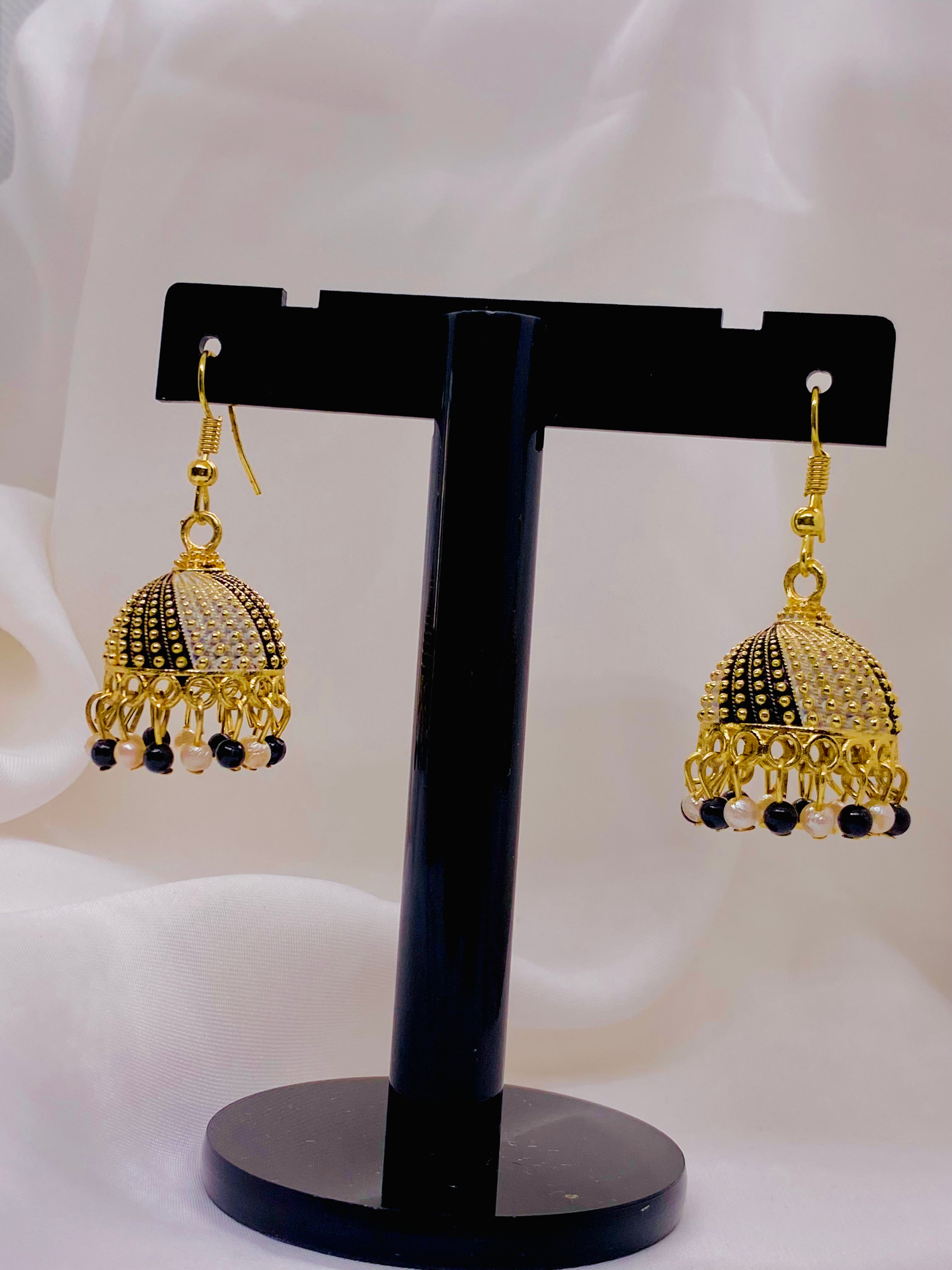 Black & Gold Dual-Tone Jhumka Earrings with Pearl Accents