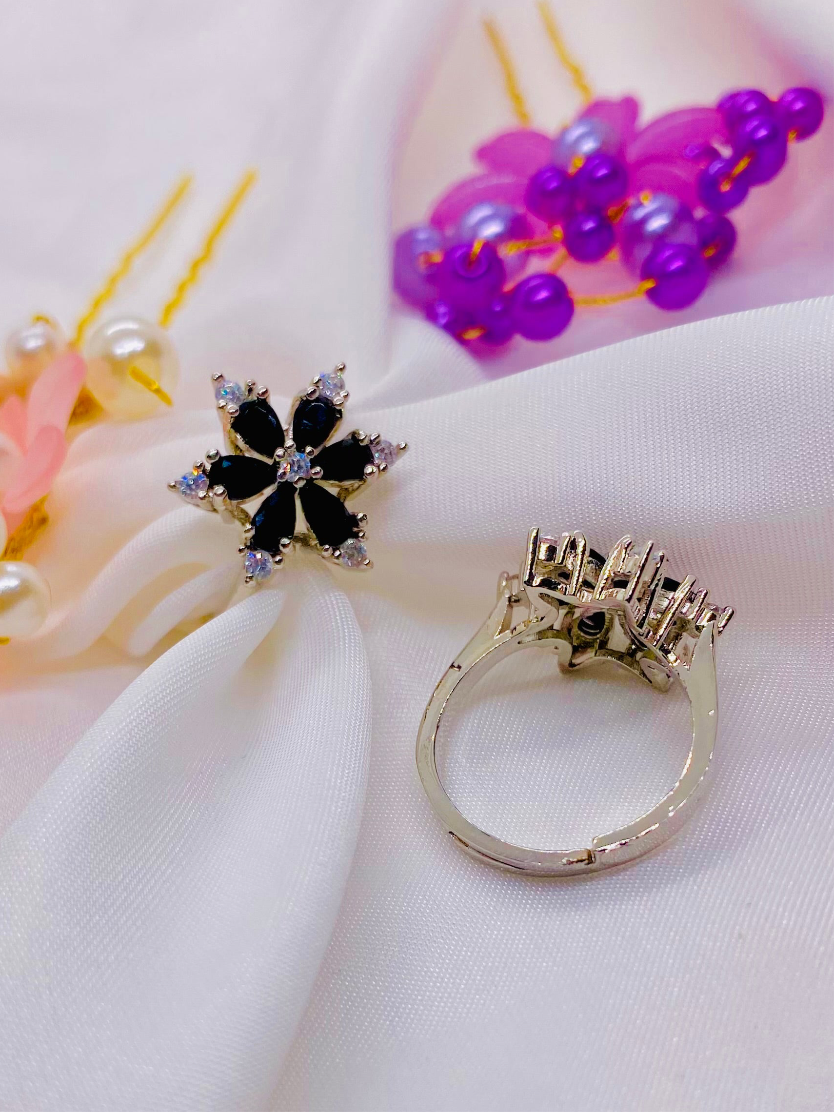 Elegant Midnight Blossom Ring in Silver Finish