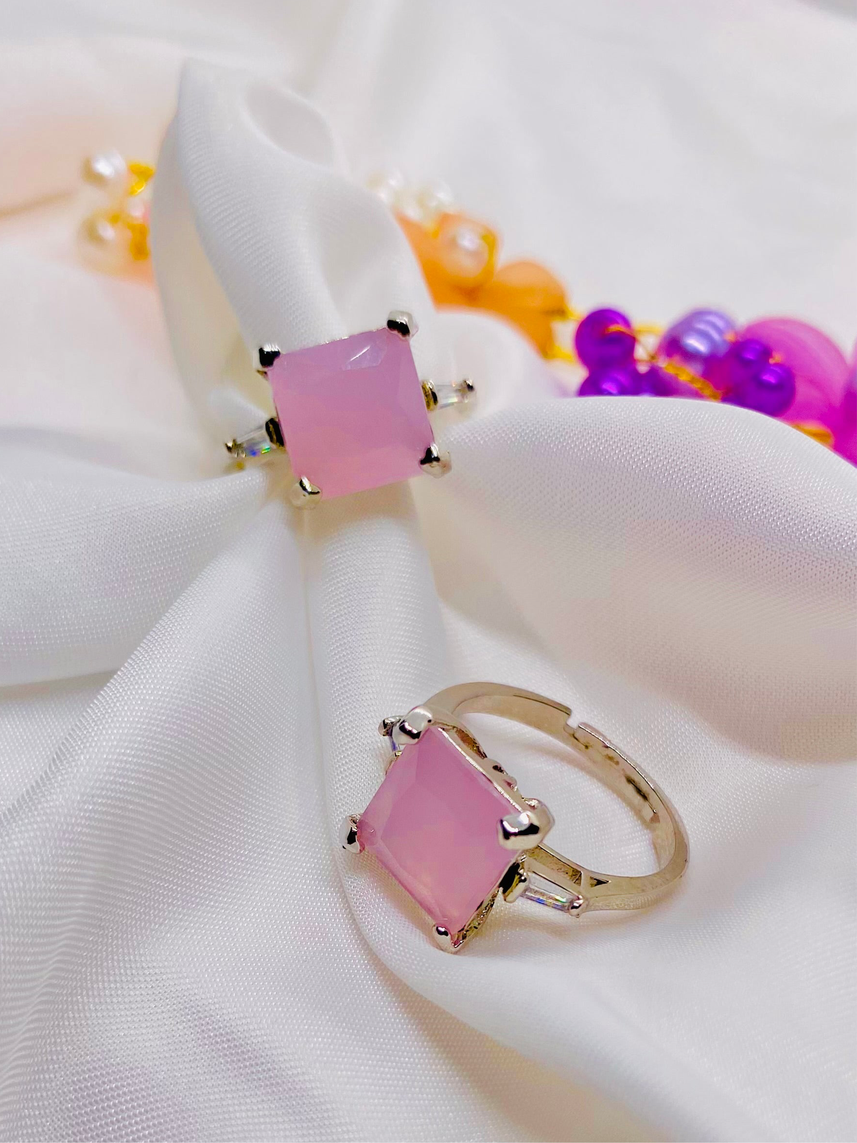Soft Blush Pink Stone Rings in Silver Setting