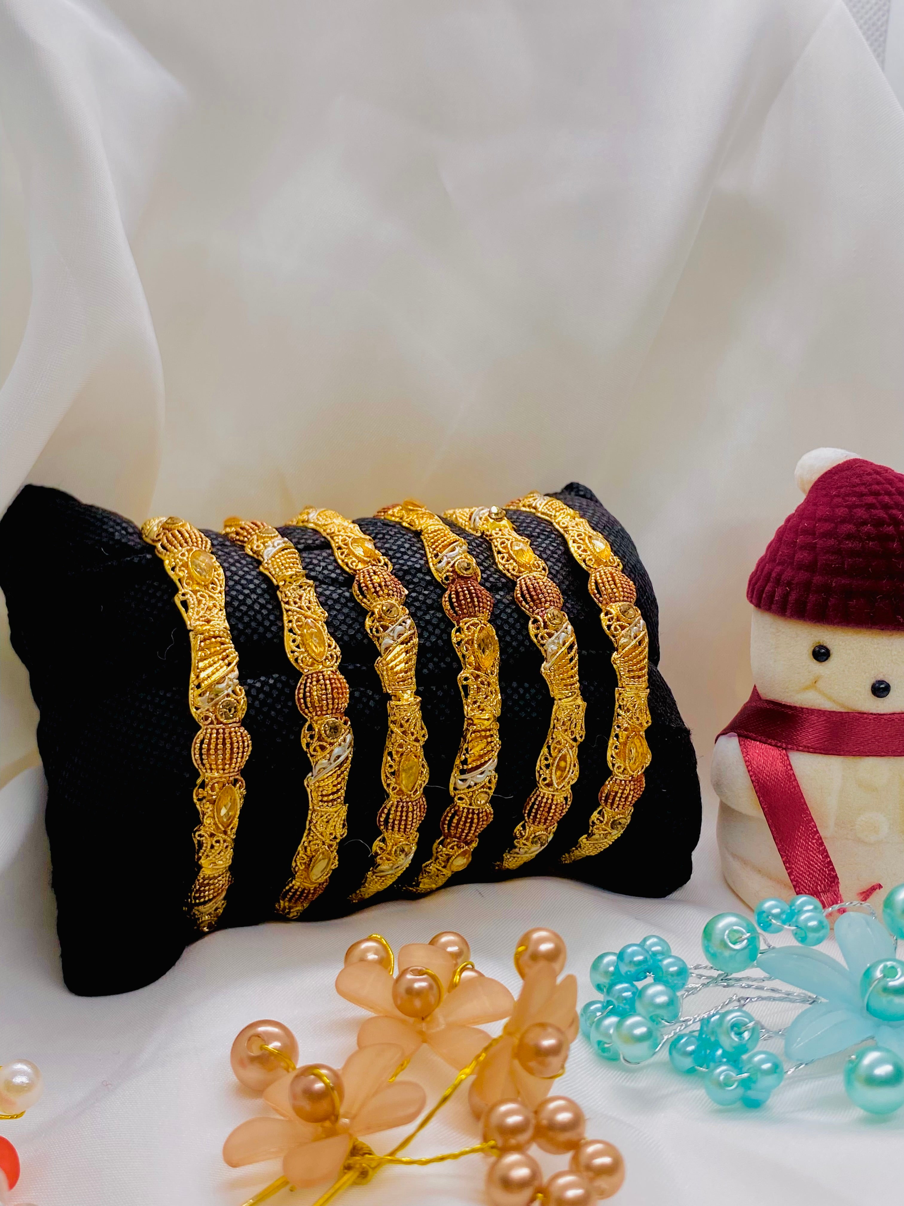 Classic Gold-Plated Bangles with Copper Bead Detailing – Set of Six