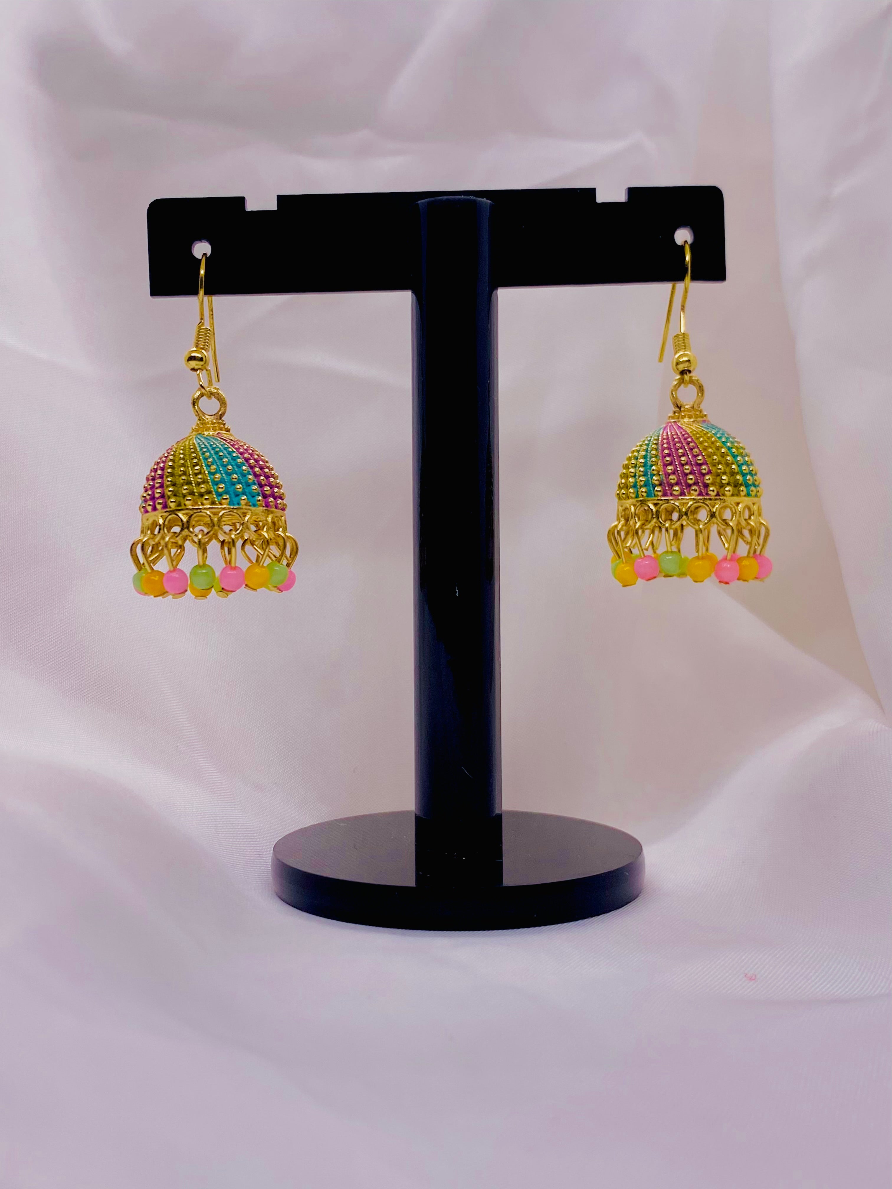 Colorful Traditional Jhumka Earrings with Beaded Danglers
