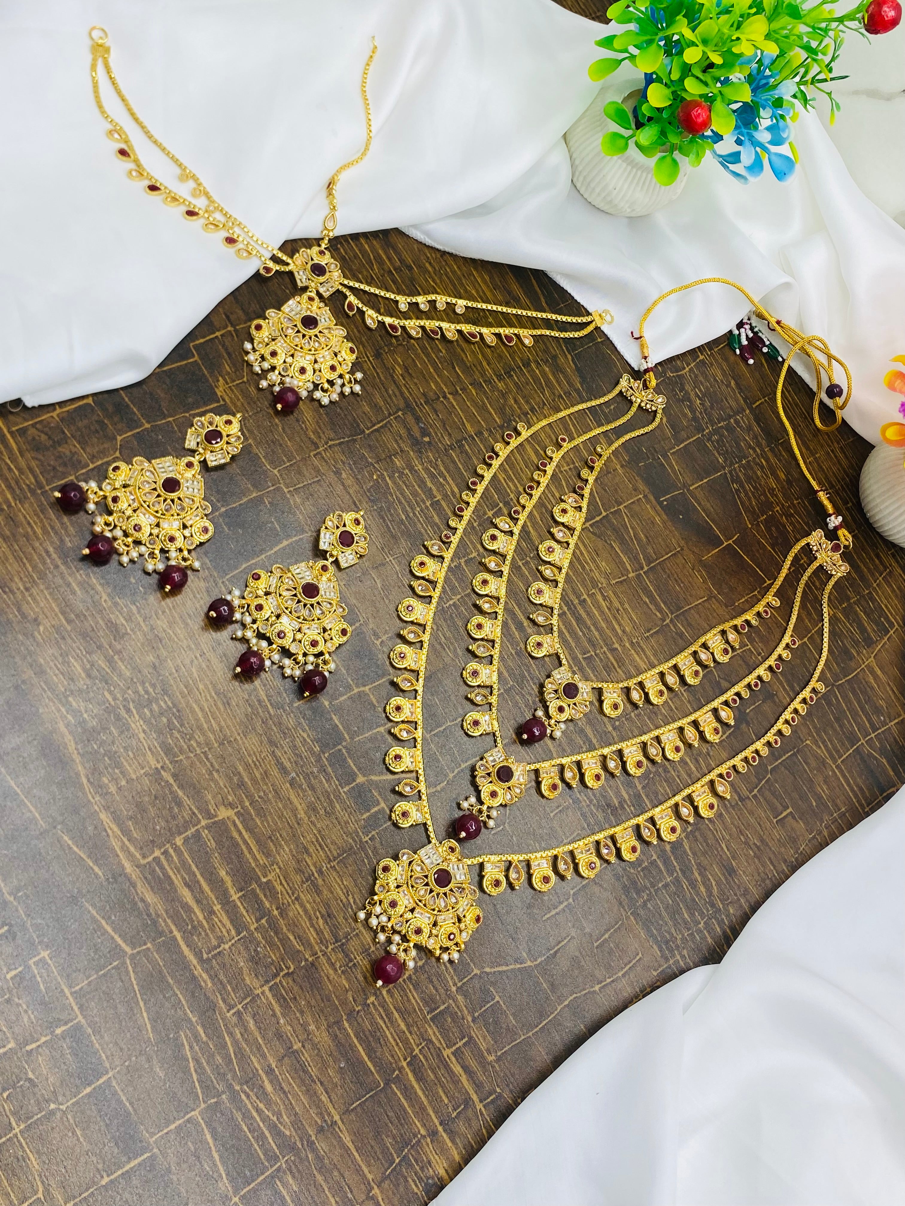 Antique Gold-Plated Bridal Temple Jewelry Set with Ruby Beads