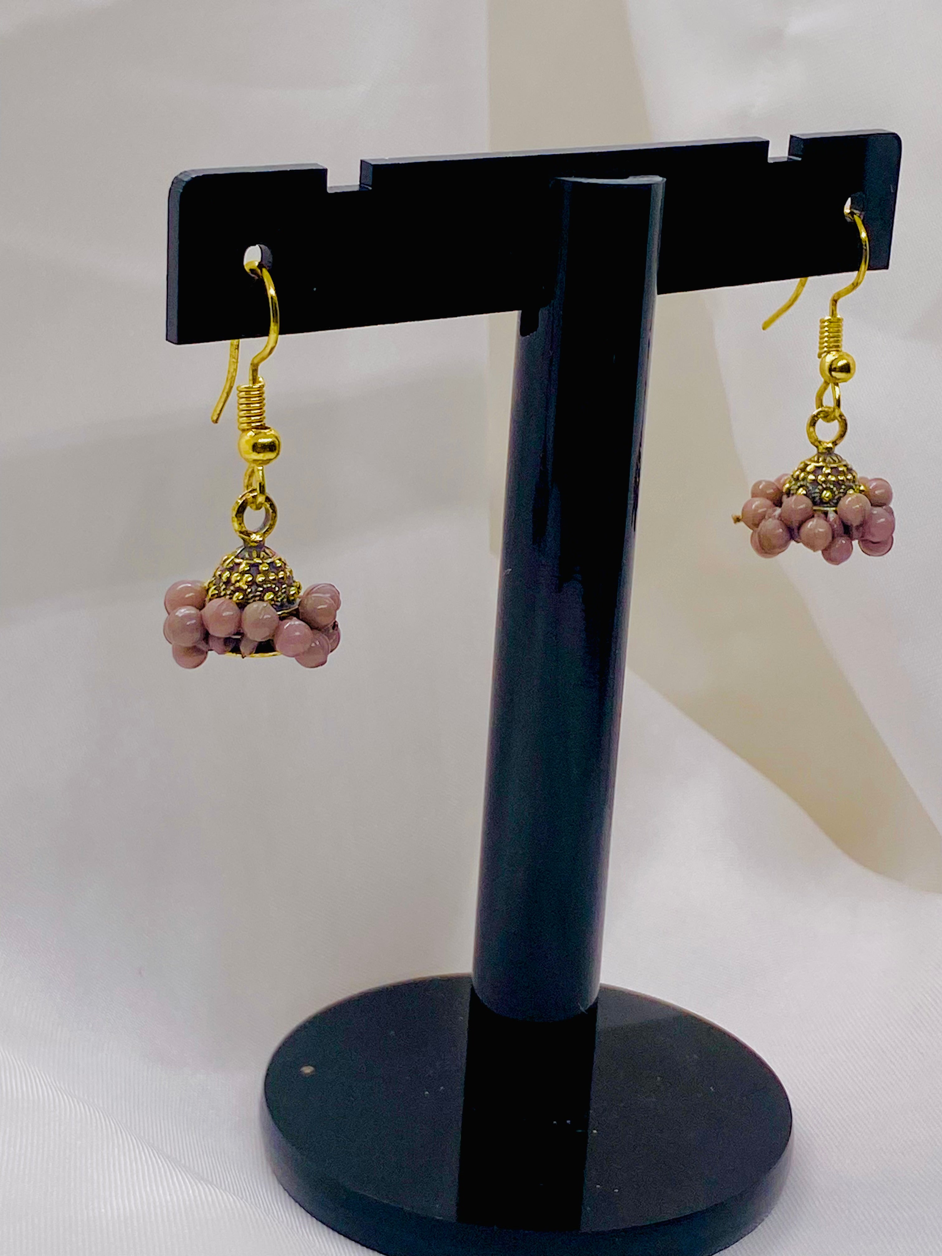 Antique Gold & Mauve Beaded Mini Jhumka Earrings