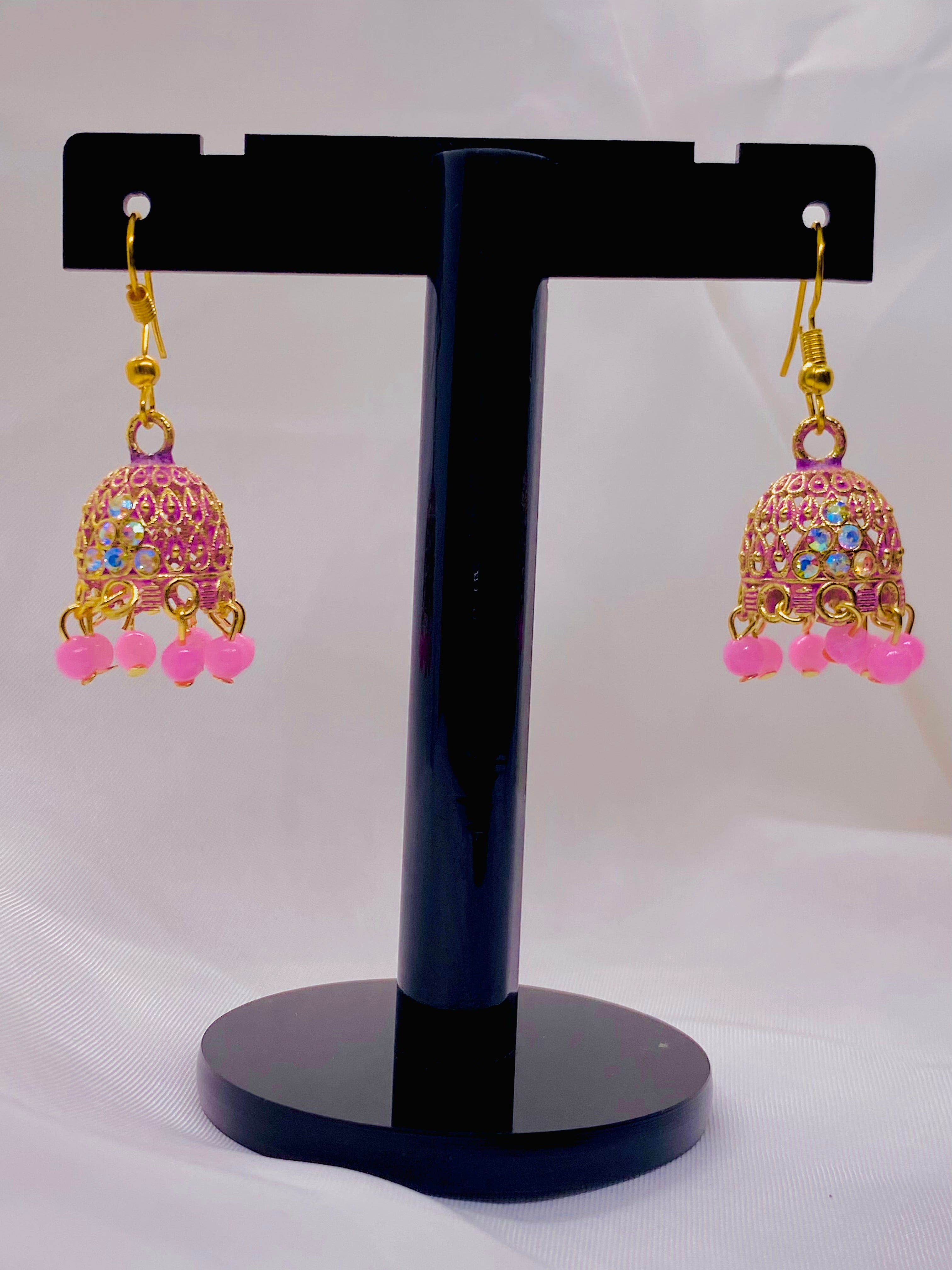 Elegant Pink and Gold Jhumka Earrings with Crystal Accents