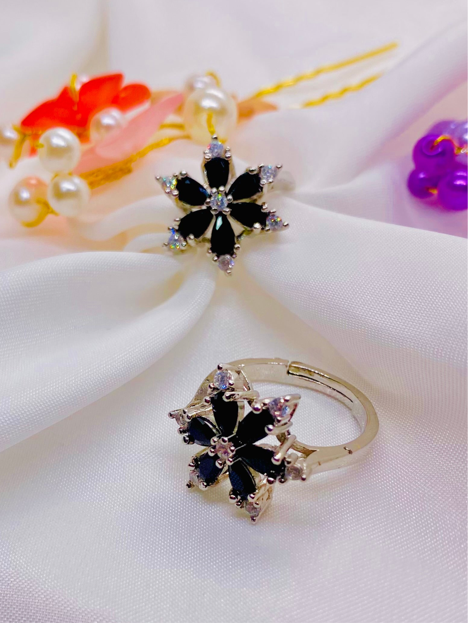 Elegant Midnight Blossom Ring in Silver Finish
