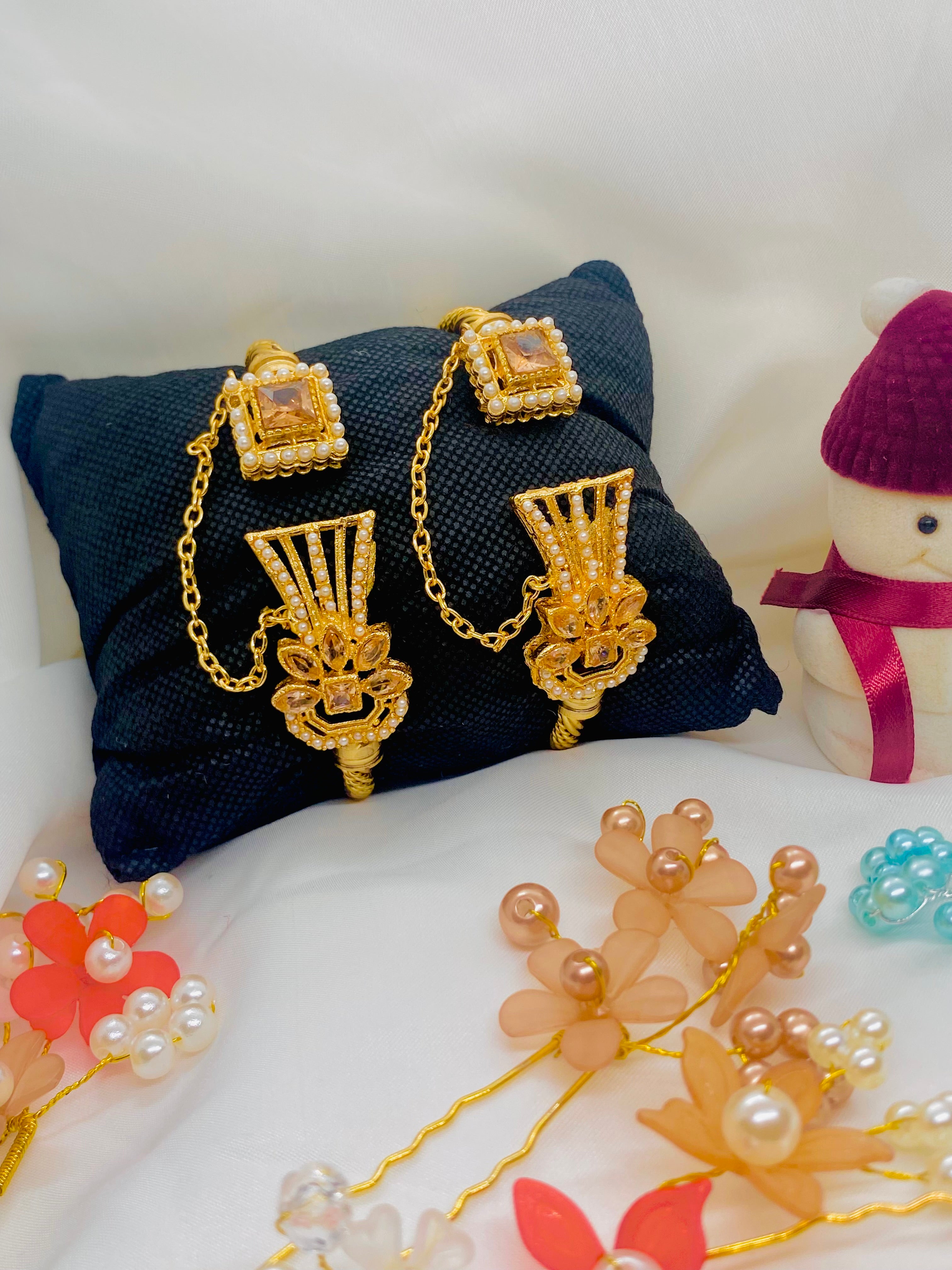 Gold‑Plated Hathphool with Pearl & Pink Crystal Detailing – Set of Two