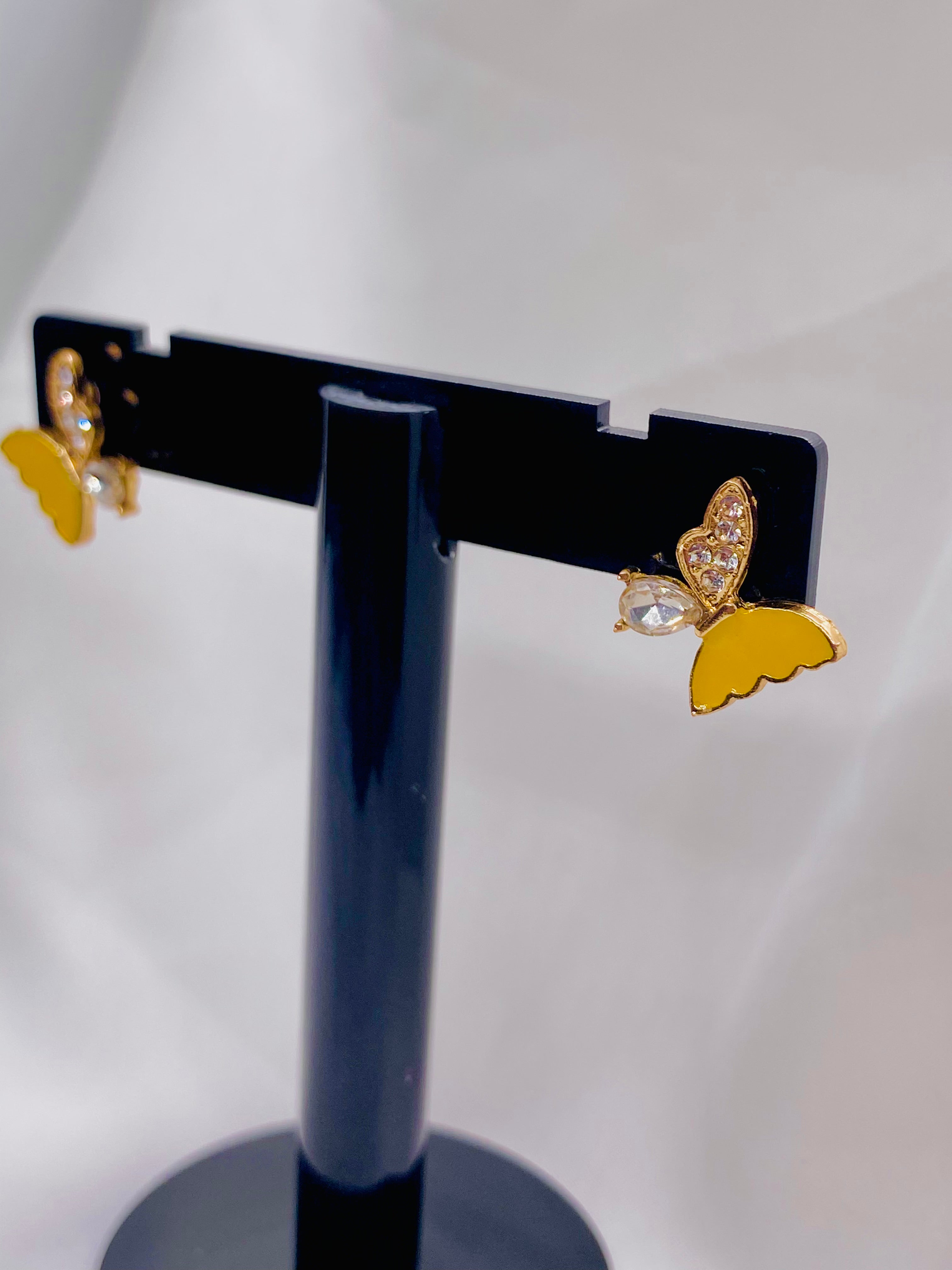 Chic Yellow Butterfly Stud Earrings with Crystal Detailing
