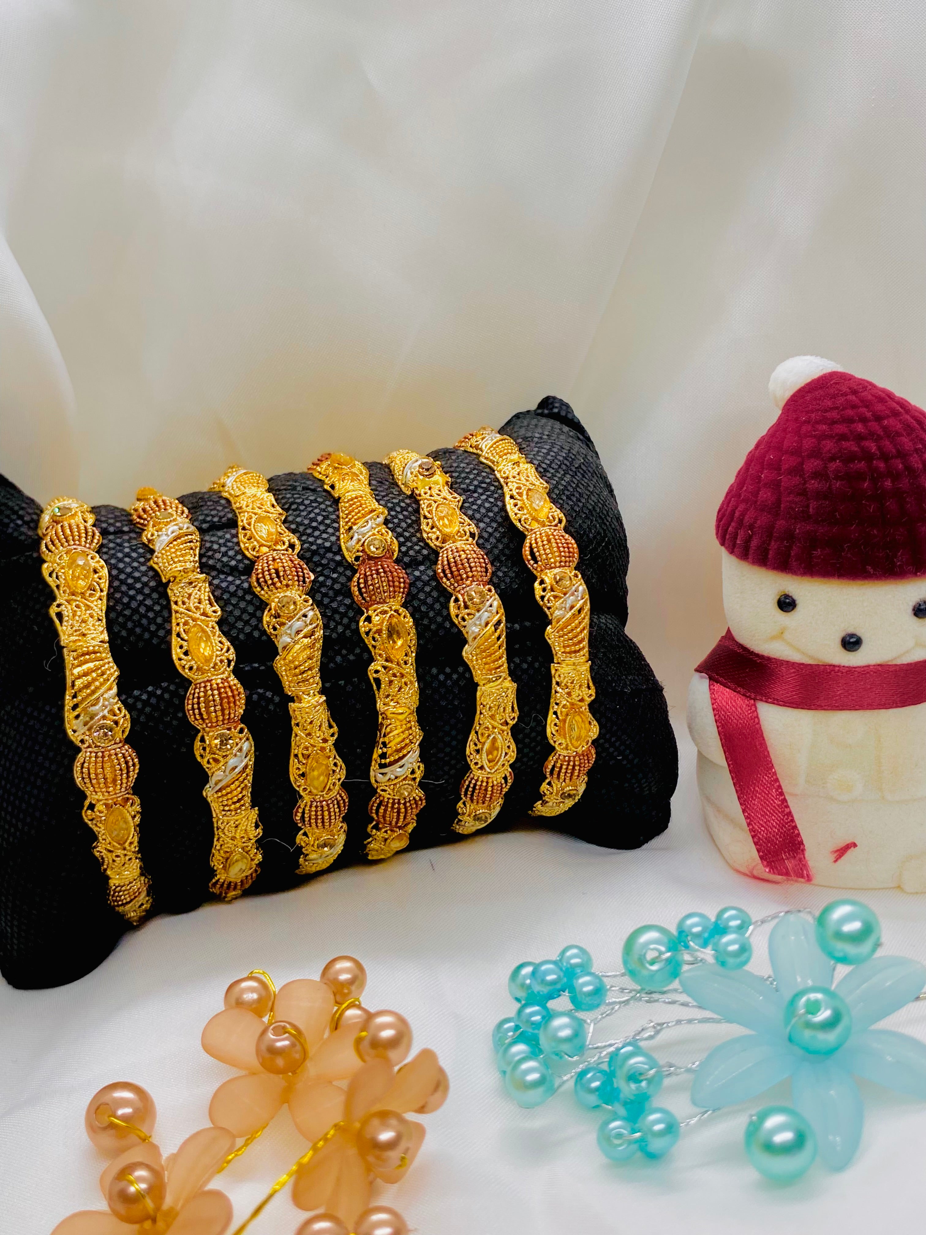 Classic Gold-Plated Bangles with Copper Bead Detailing – Set of Six