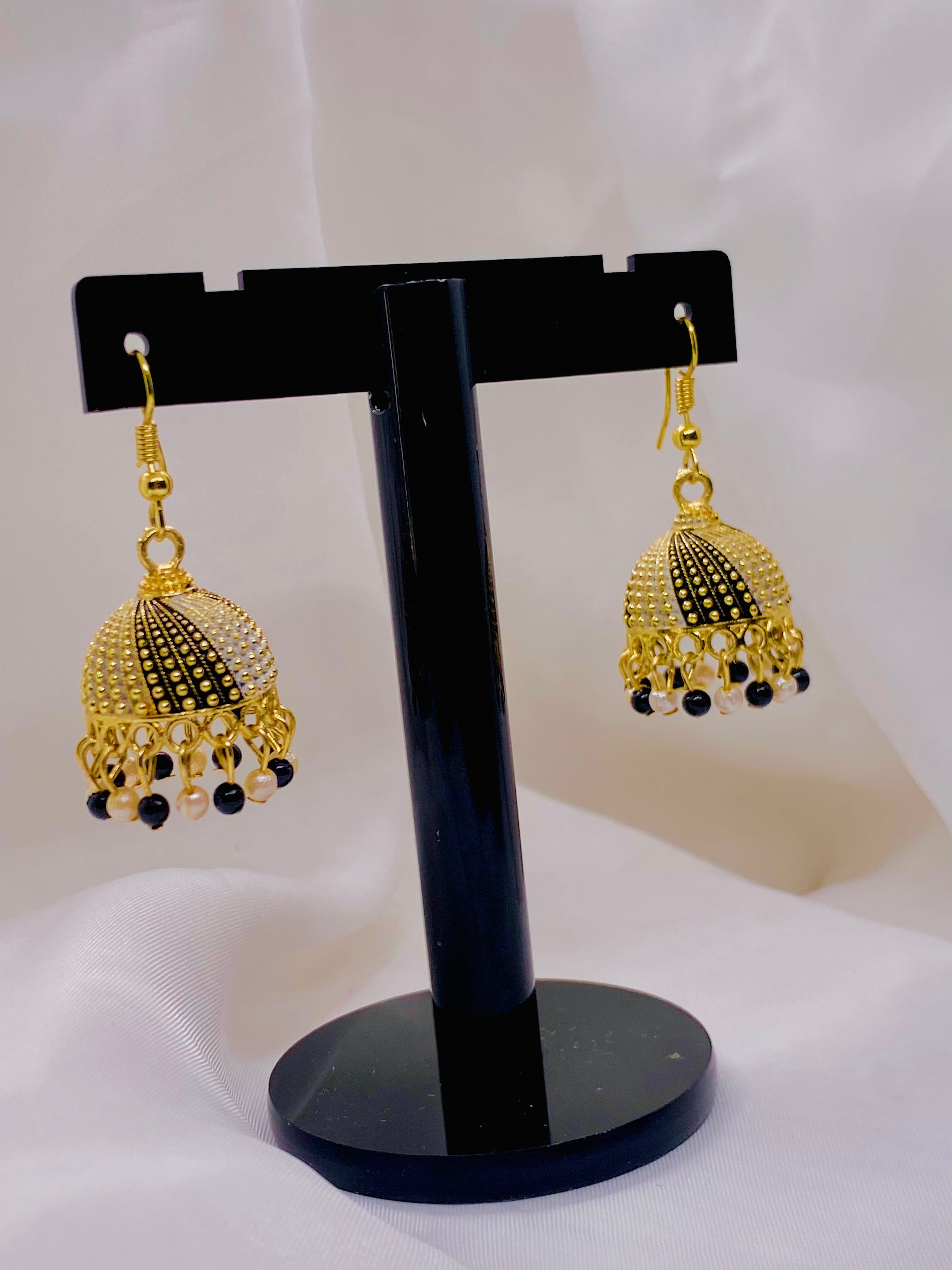 Black & Gold Dual-Tone Jhumka Earrings with Pearl Accents