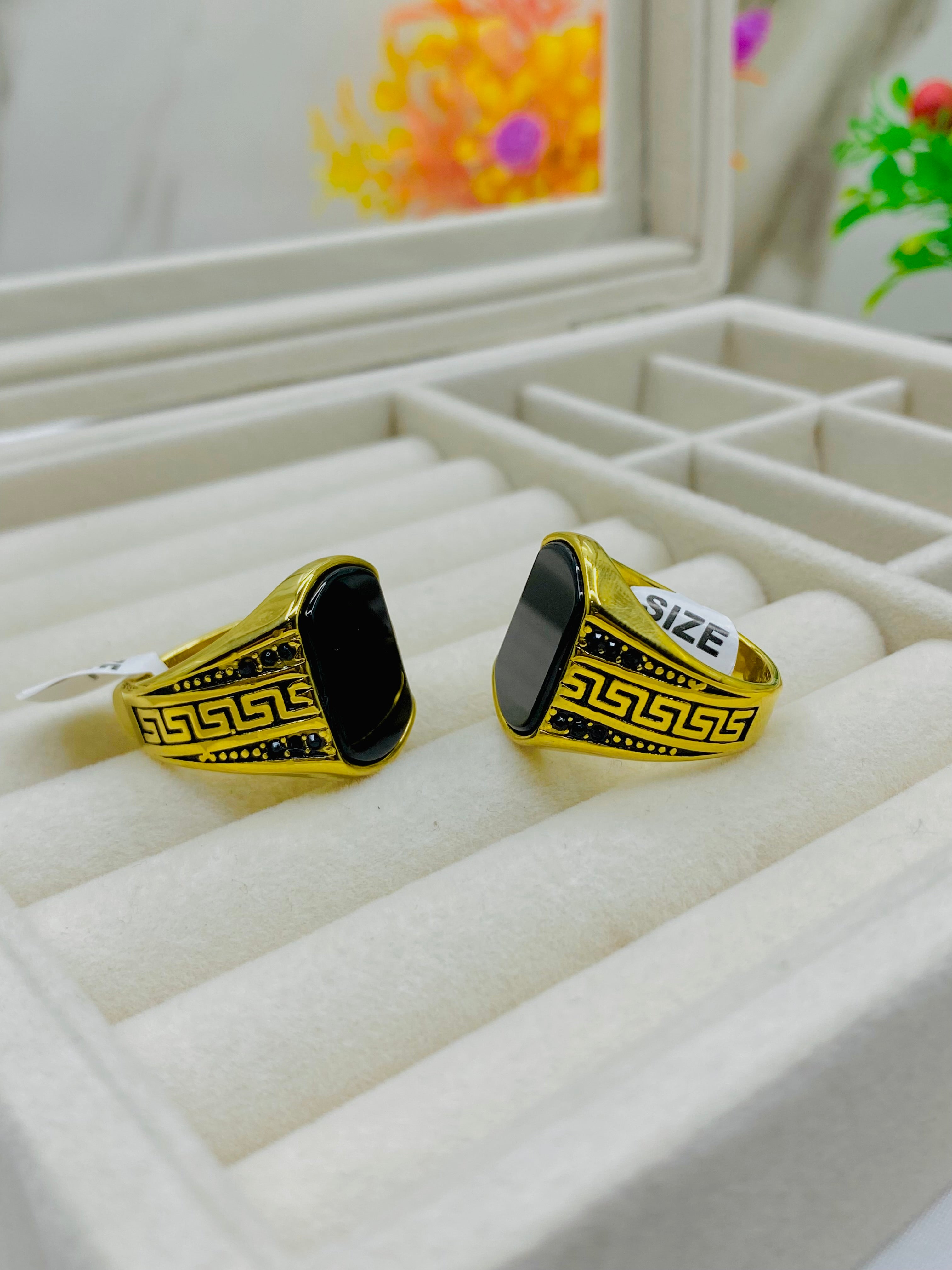Men’s Bold Black Onyx Statement Rings with Greek Key Design