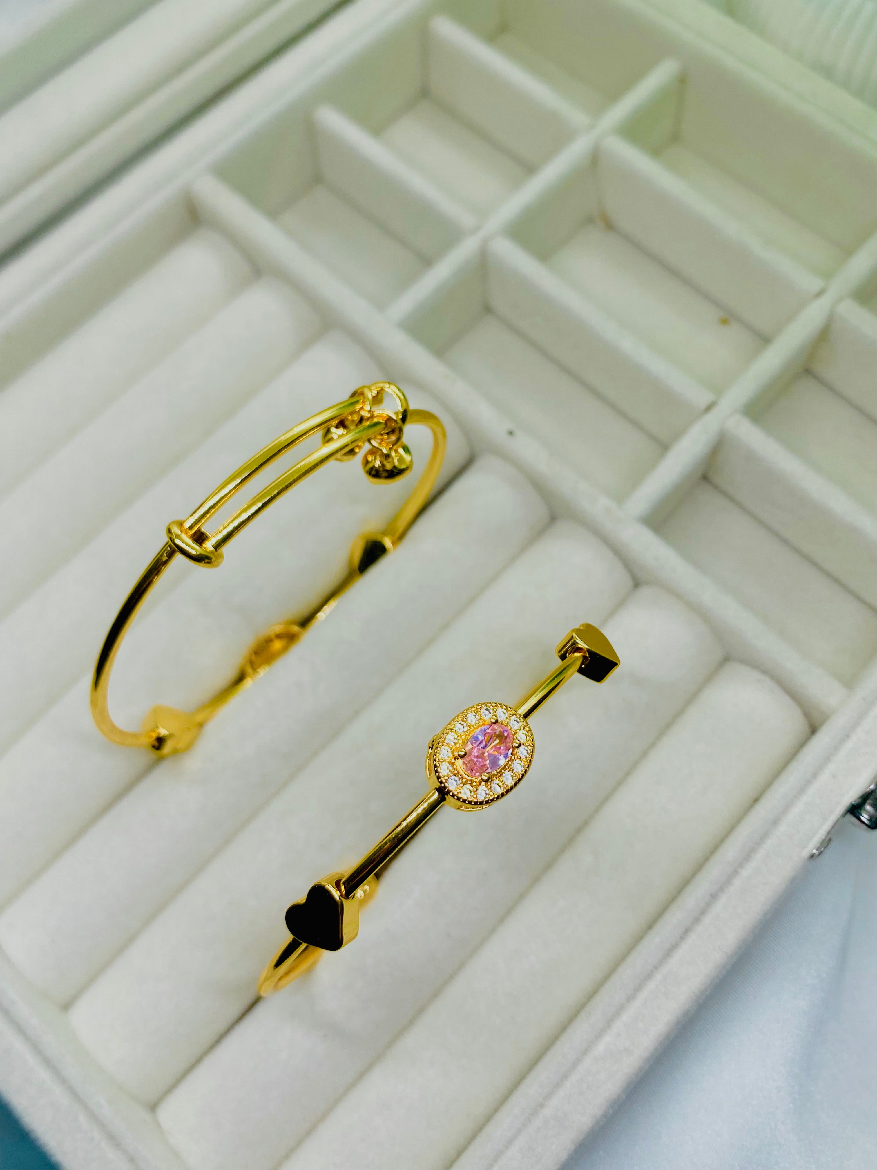 Elegant Gold Bangles with Pink Stone and Heart Charm
