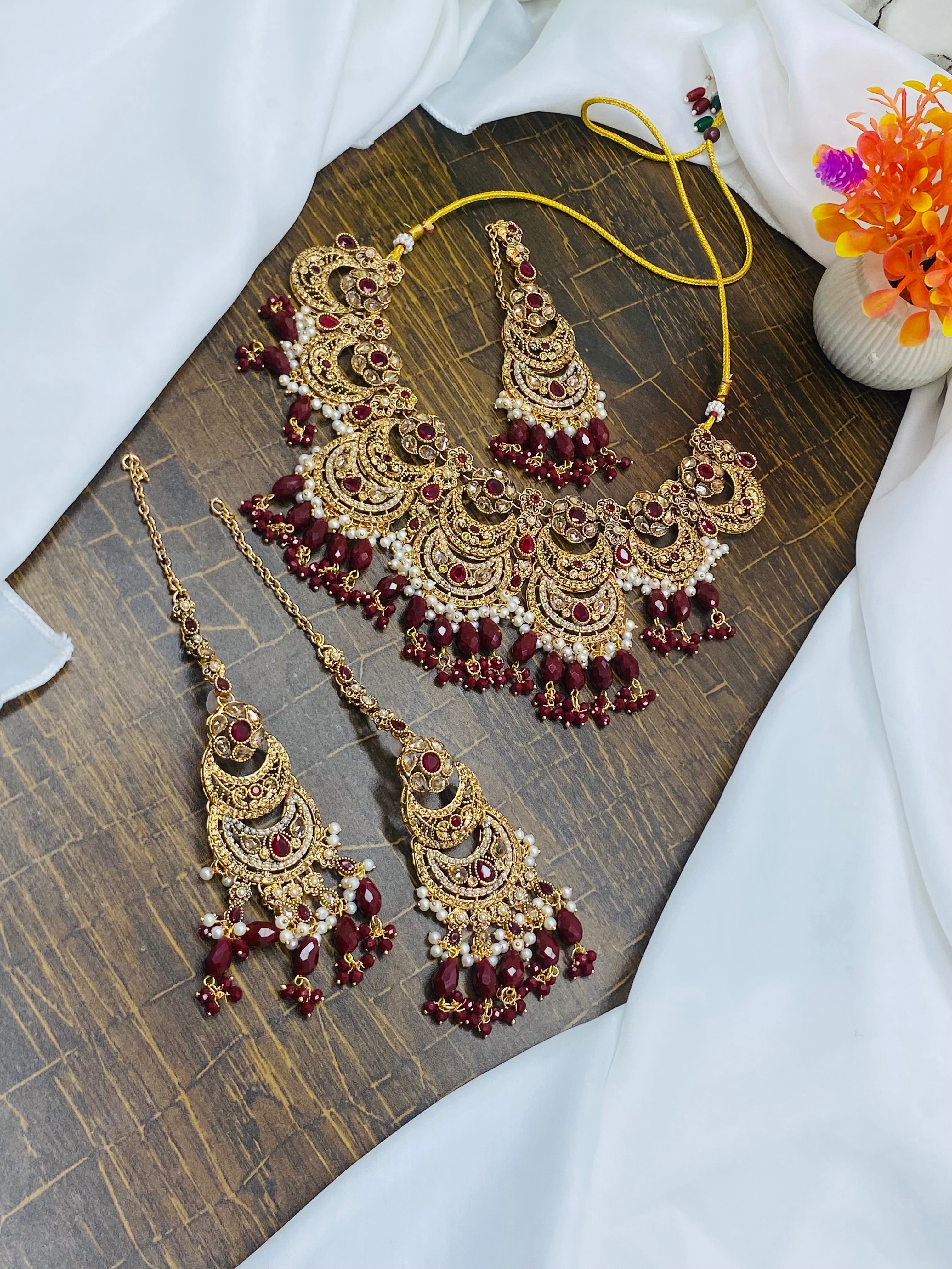 Antique Gold-Plated Maroon Stone Bridal Jewelry Set