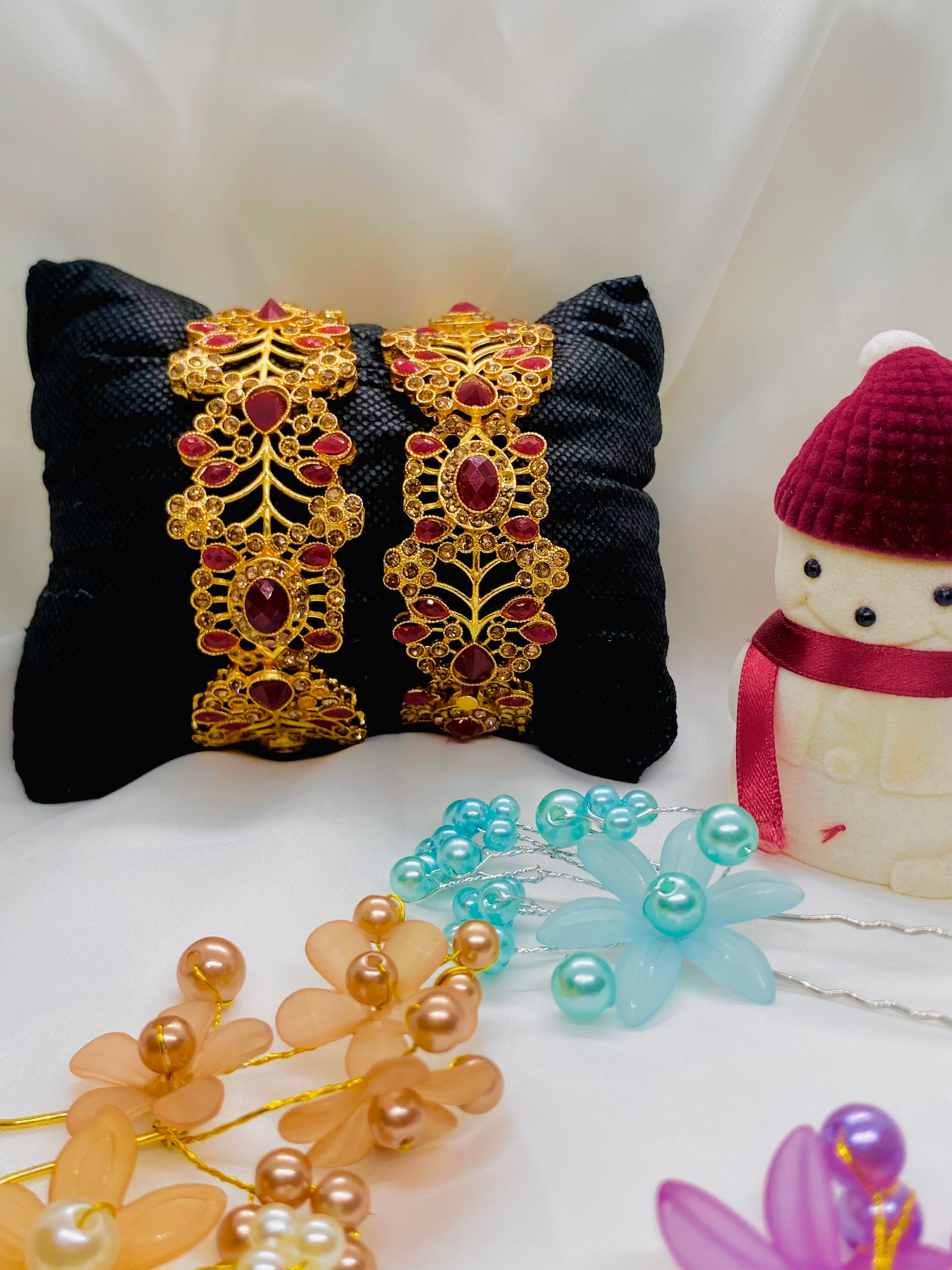 Royal Ruby-Red Stone Bangles with Gold Floral Filigree