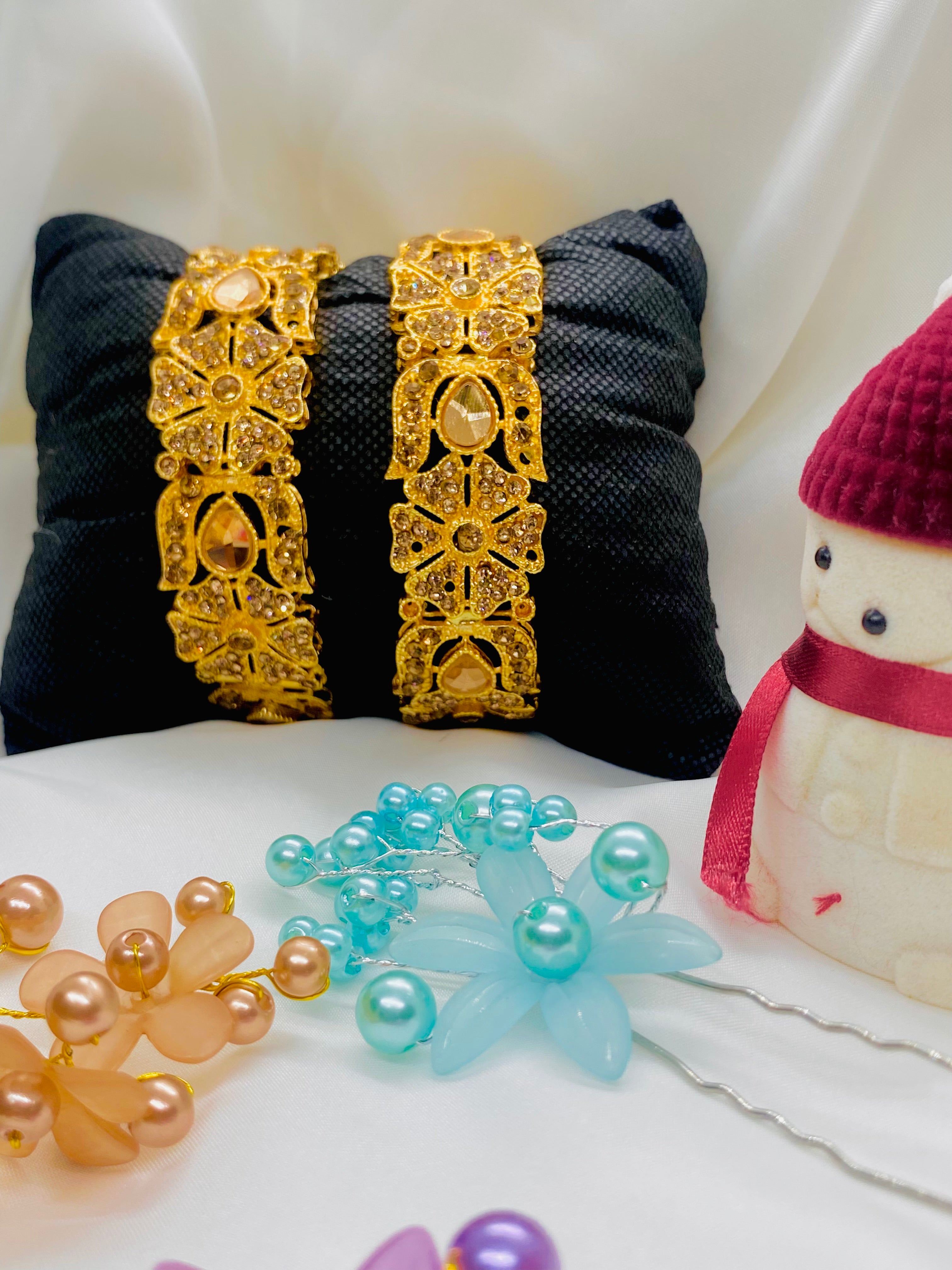 Elegant Gold-Tone Kundan Bangles with Crystal Embellishments