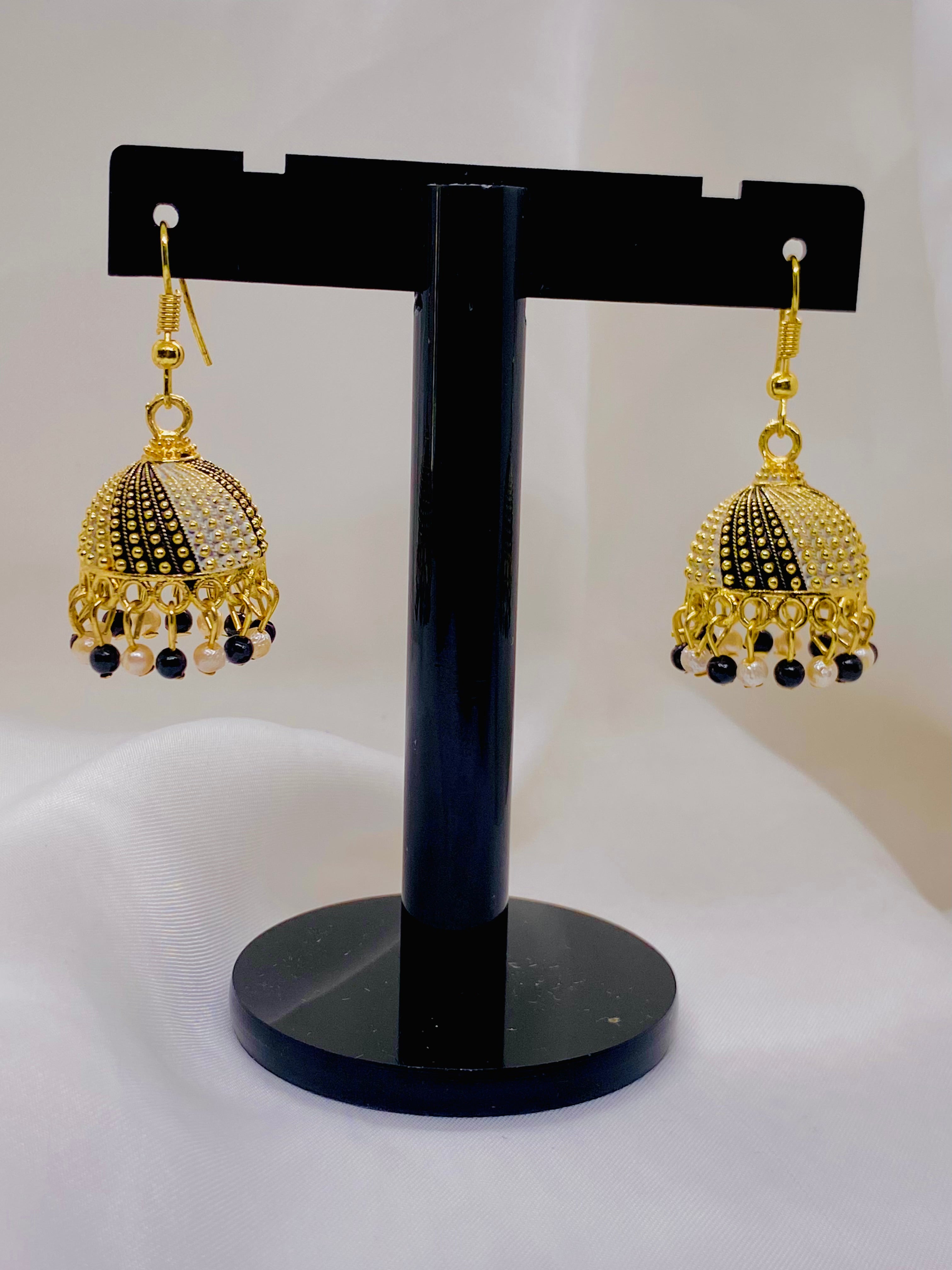 Black & Gold Dual-Tone Jhumka Earrings with Pearl Accents