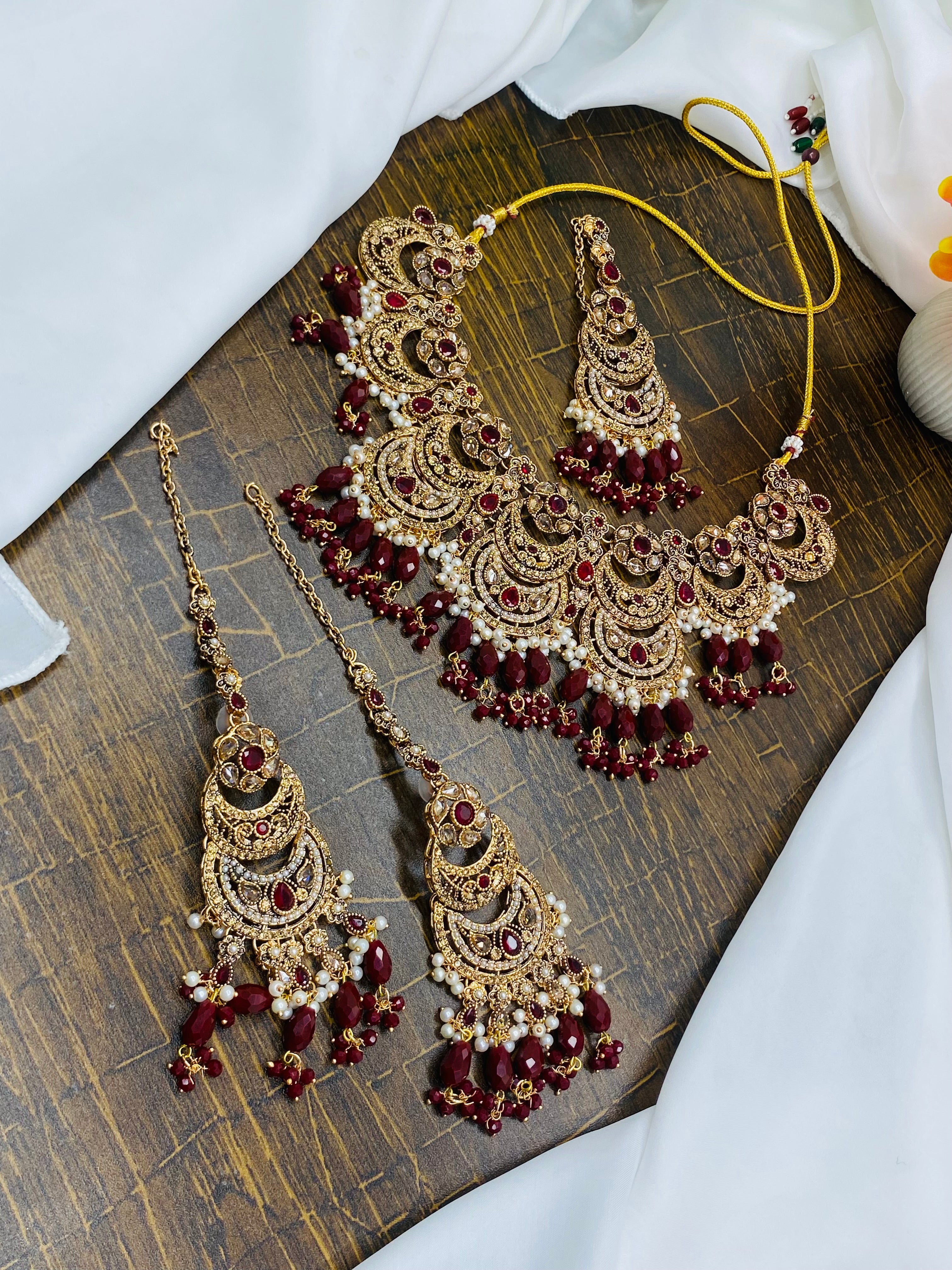 Antique Gold-Plated Maroon Stone Bridal Jewelry Set