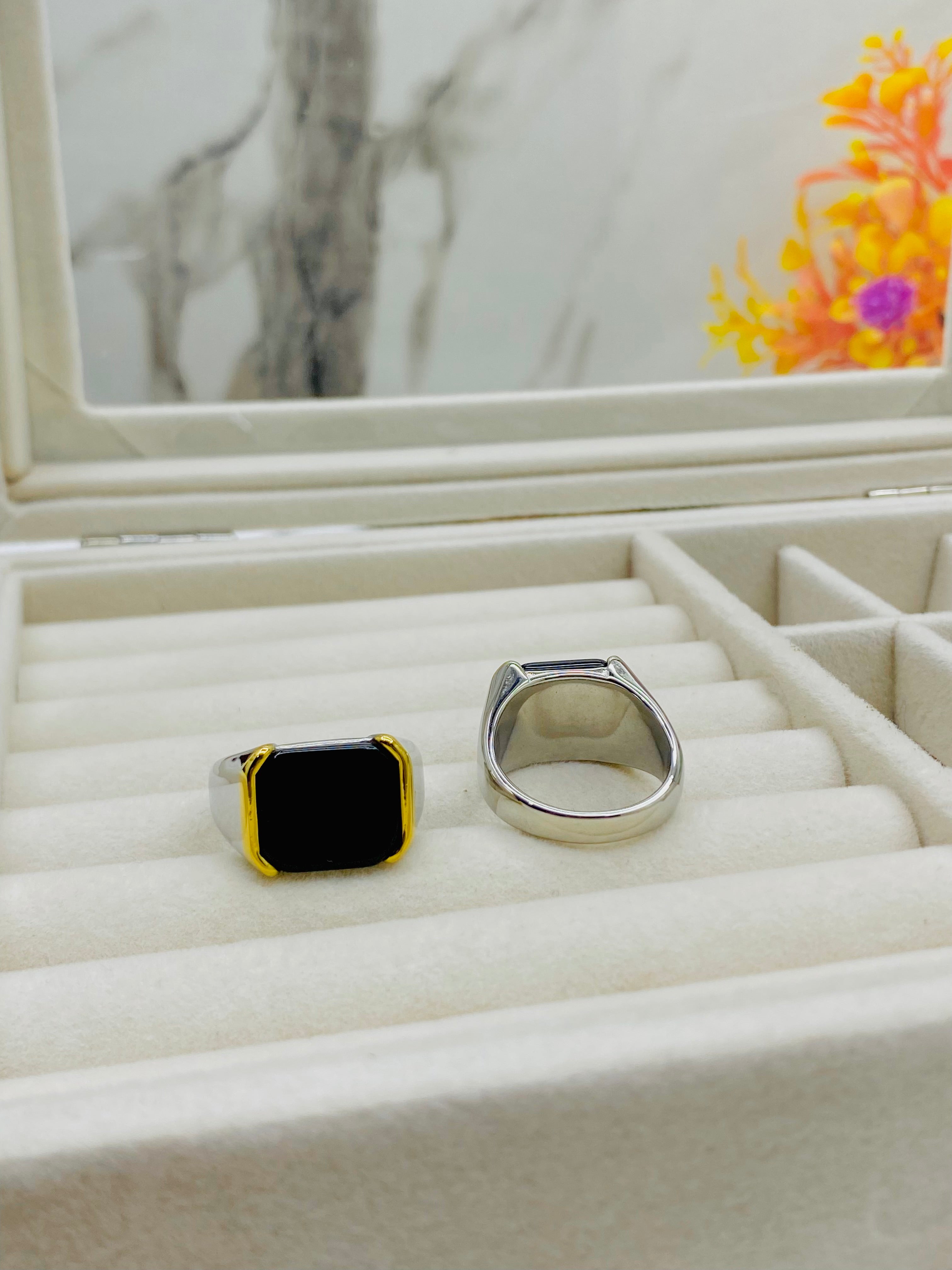 Modern Silver-Plated Rings with Black Onyx and Gold Accents
