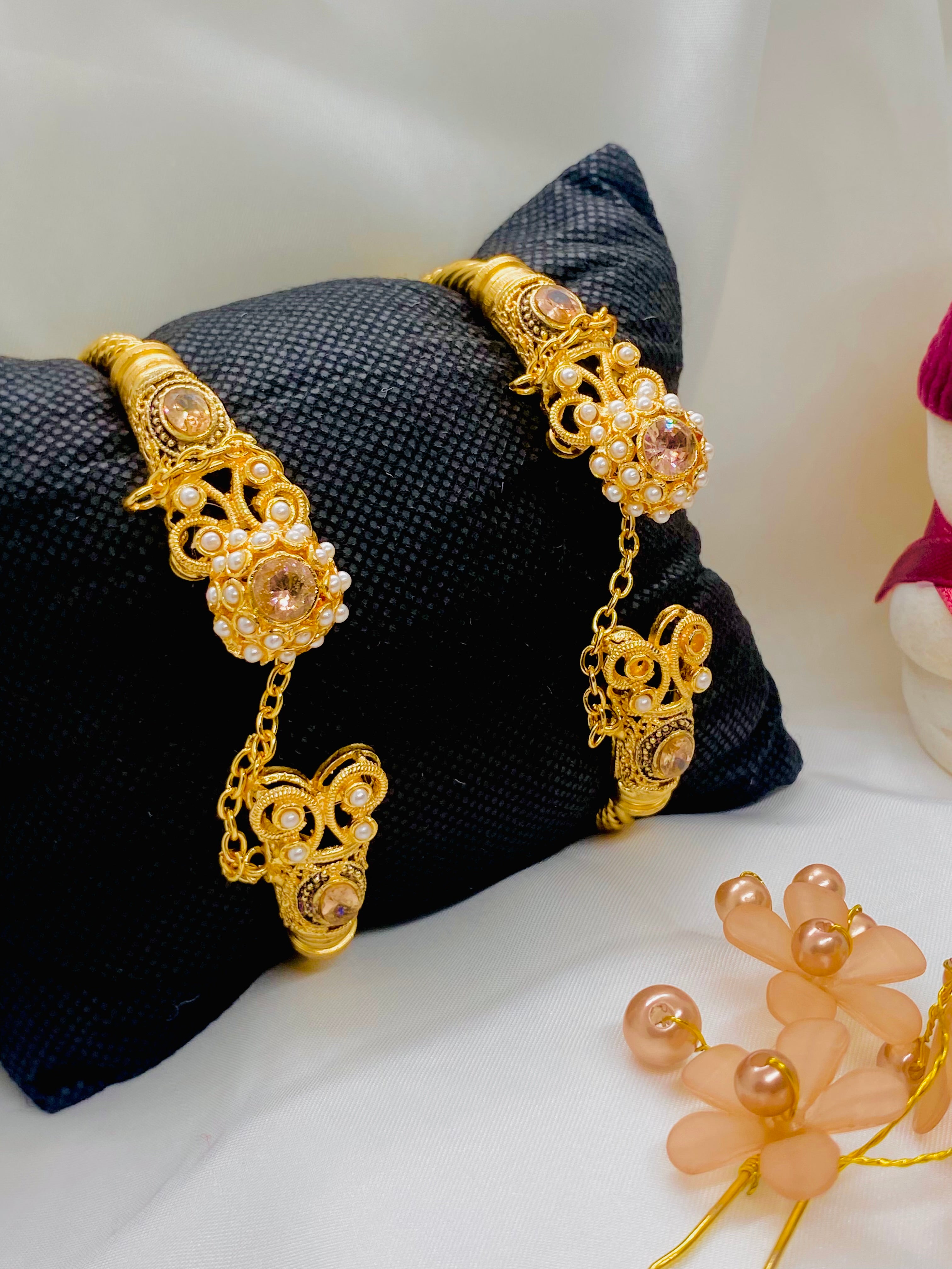 Gold-Plated Bangles with Attached Hathphool – Pearl & Stone
