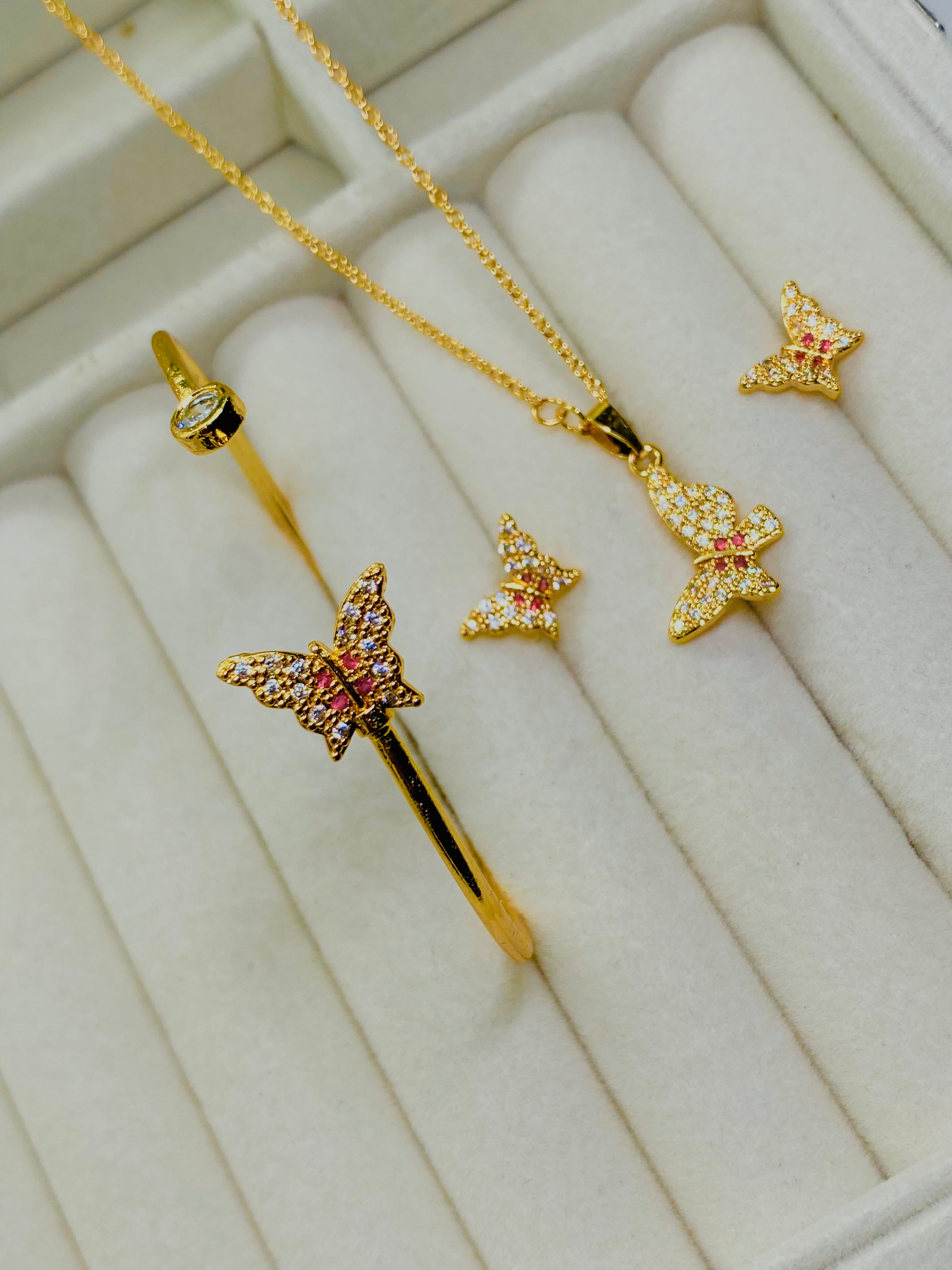 Charming Gold-Plated Butterfly Pendant Set with Sparkling Stones