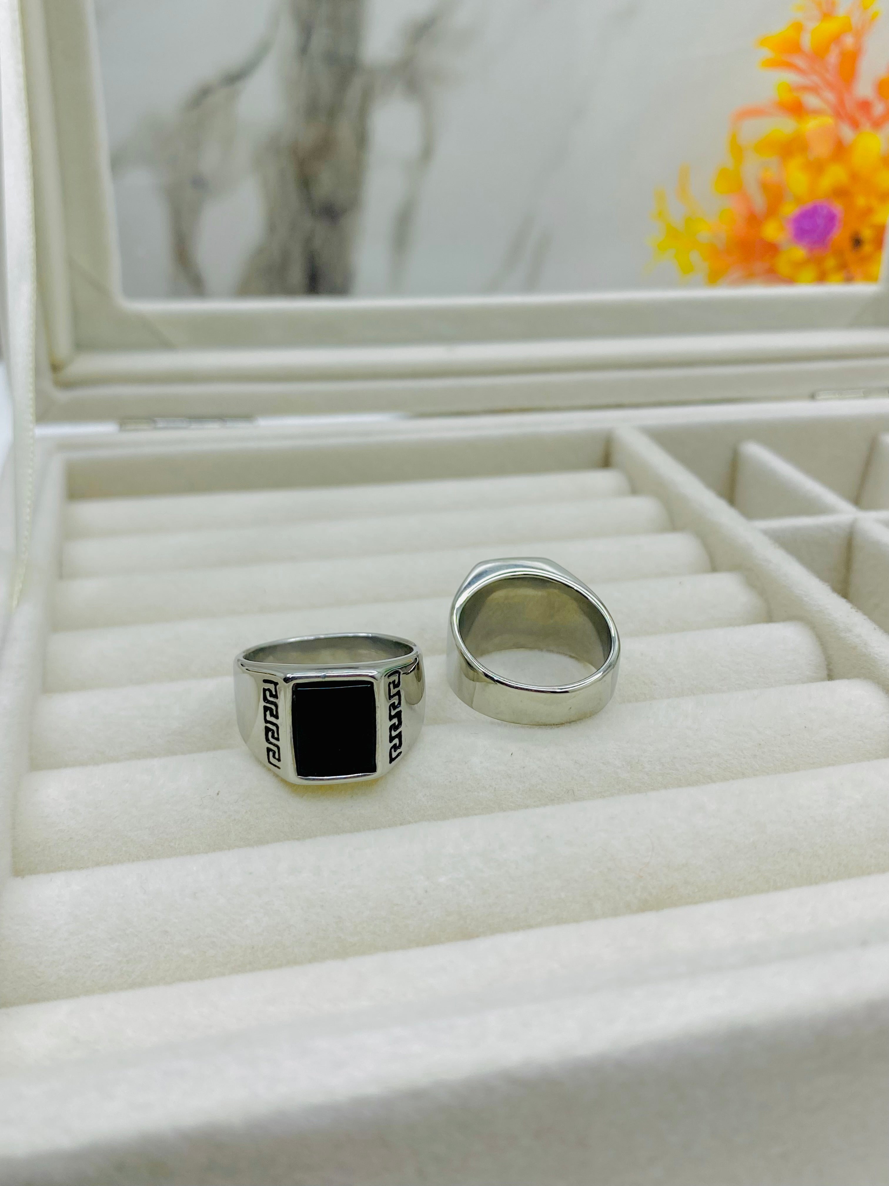 Classic Square Black Onyx Rings with Silver Finish
