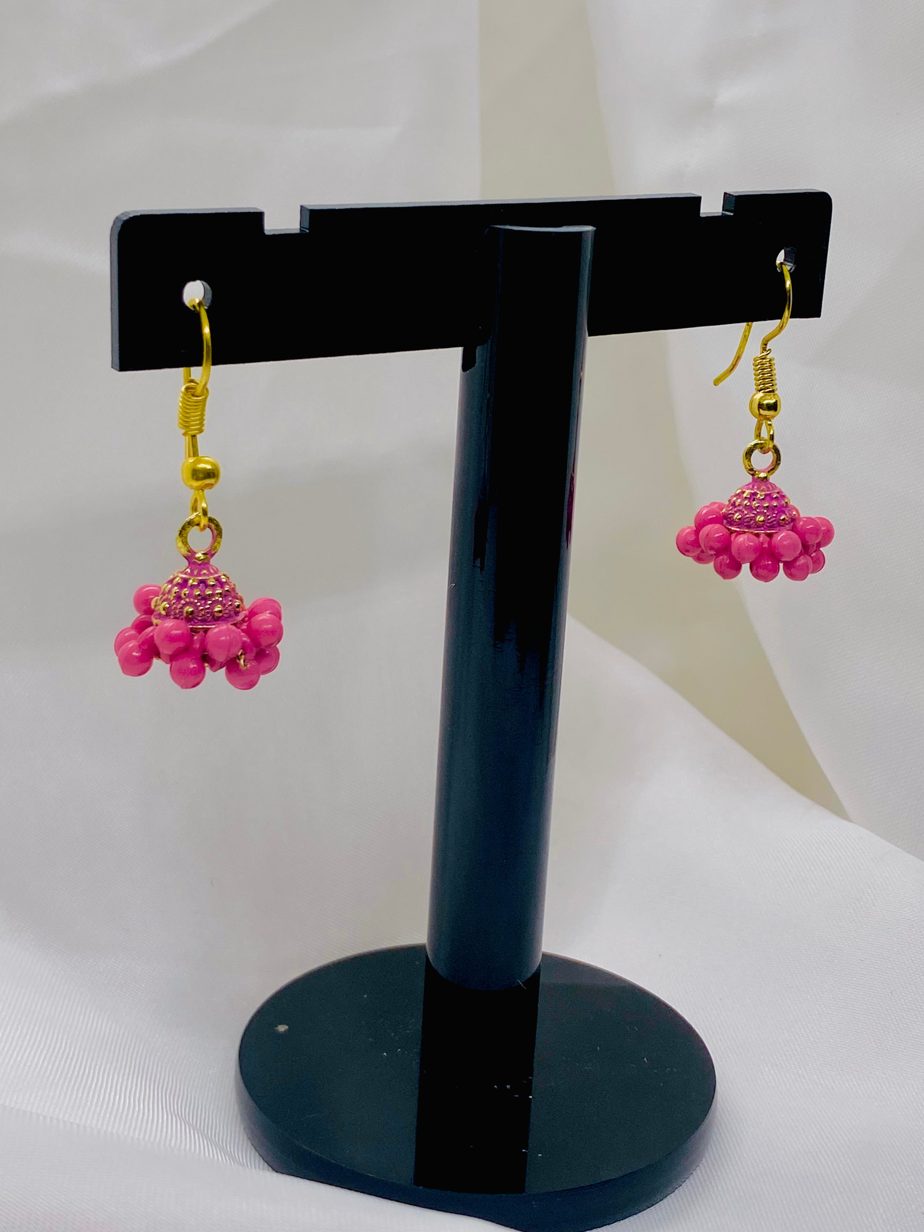 Pink Beaded Jhumka Earrings with Gold Hook