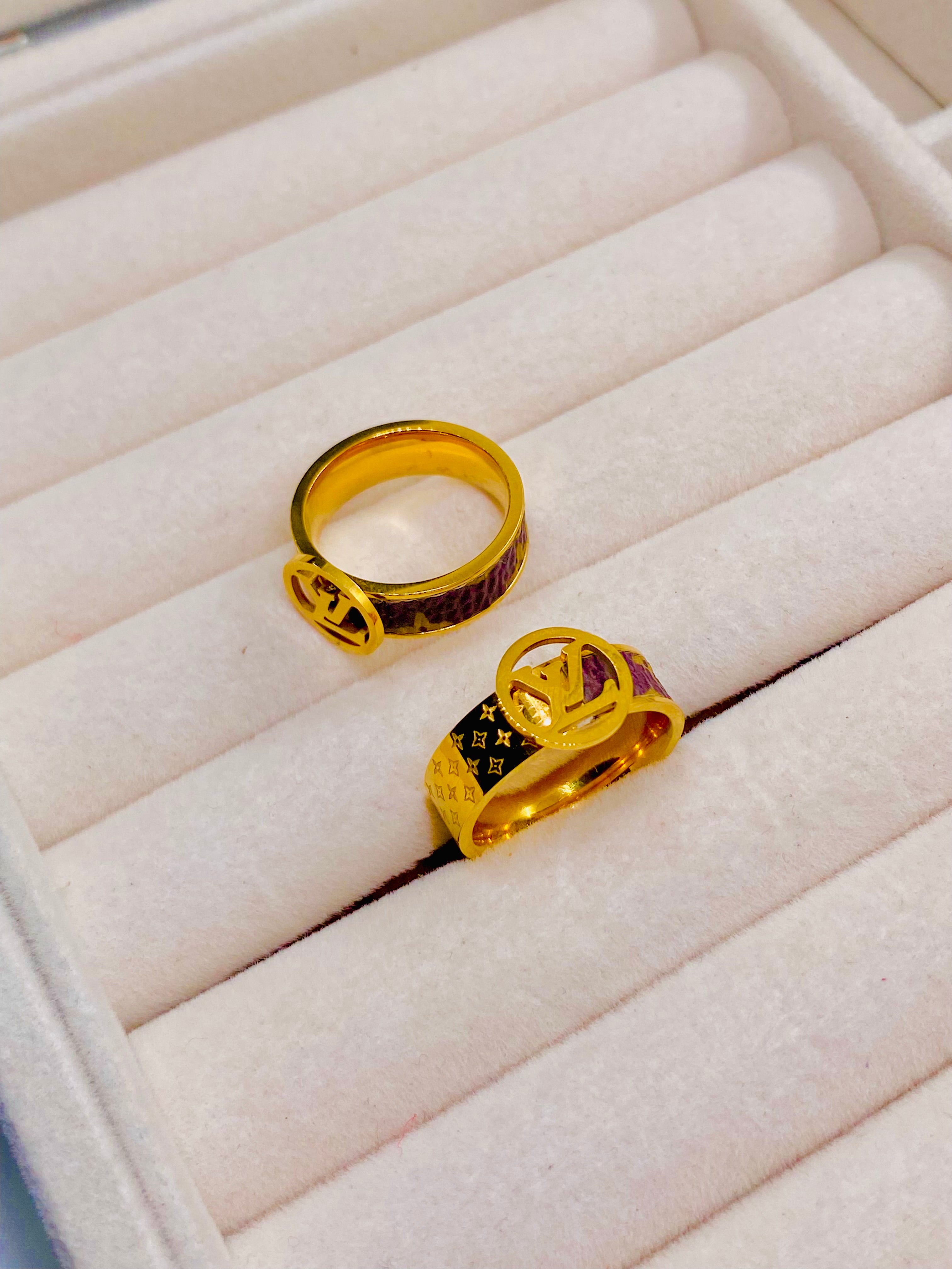 Louis Vuitton-Inspired Gold Rings with Signature LV Monogram