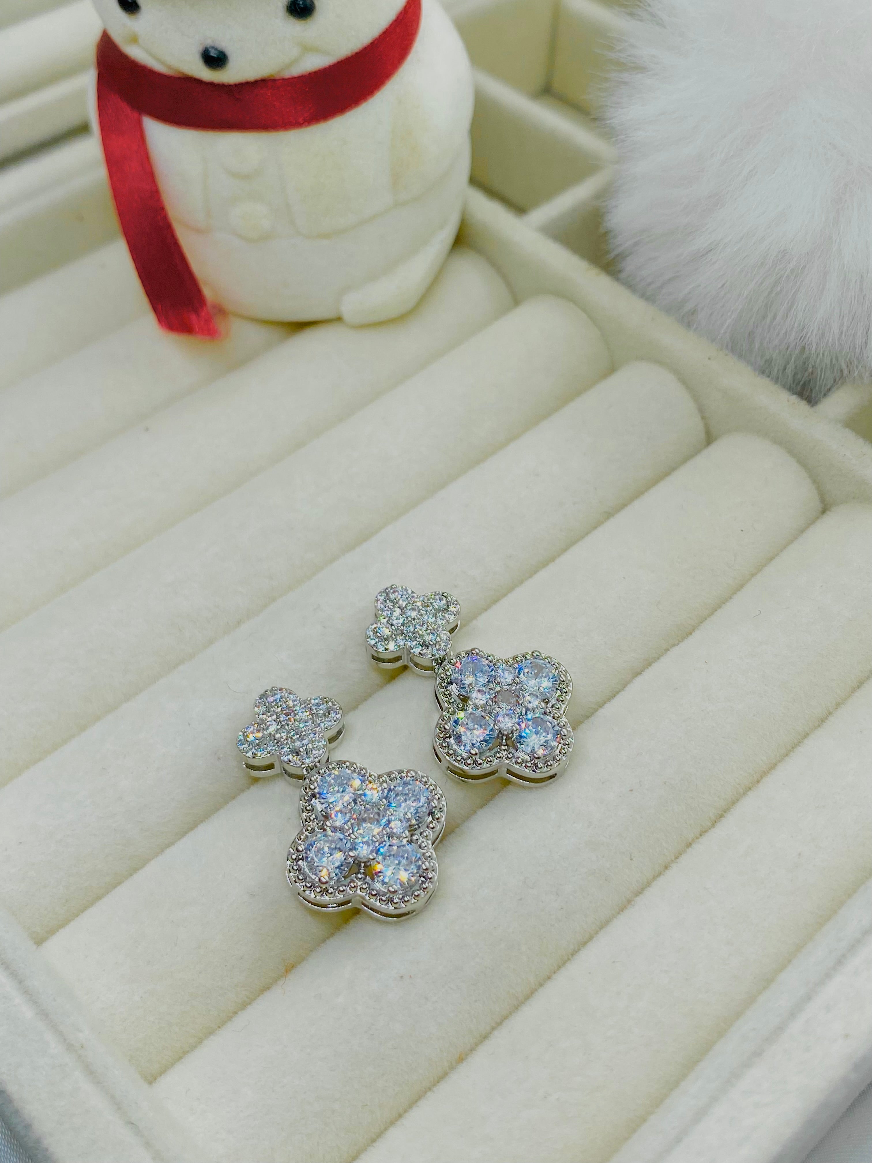 Elegant Diamond Pave Clover Drop Earrings