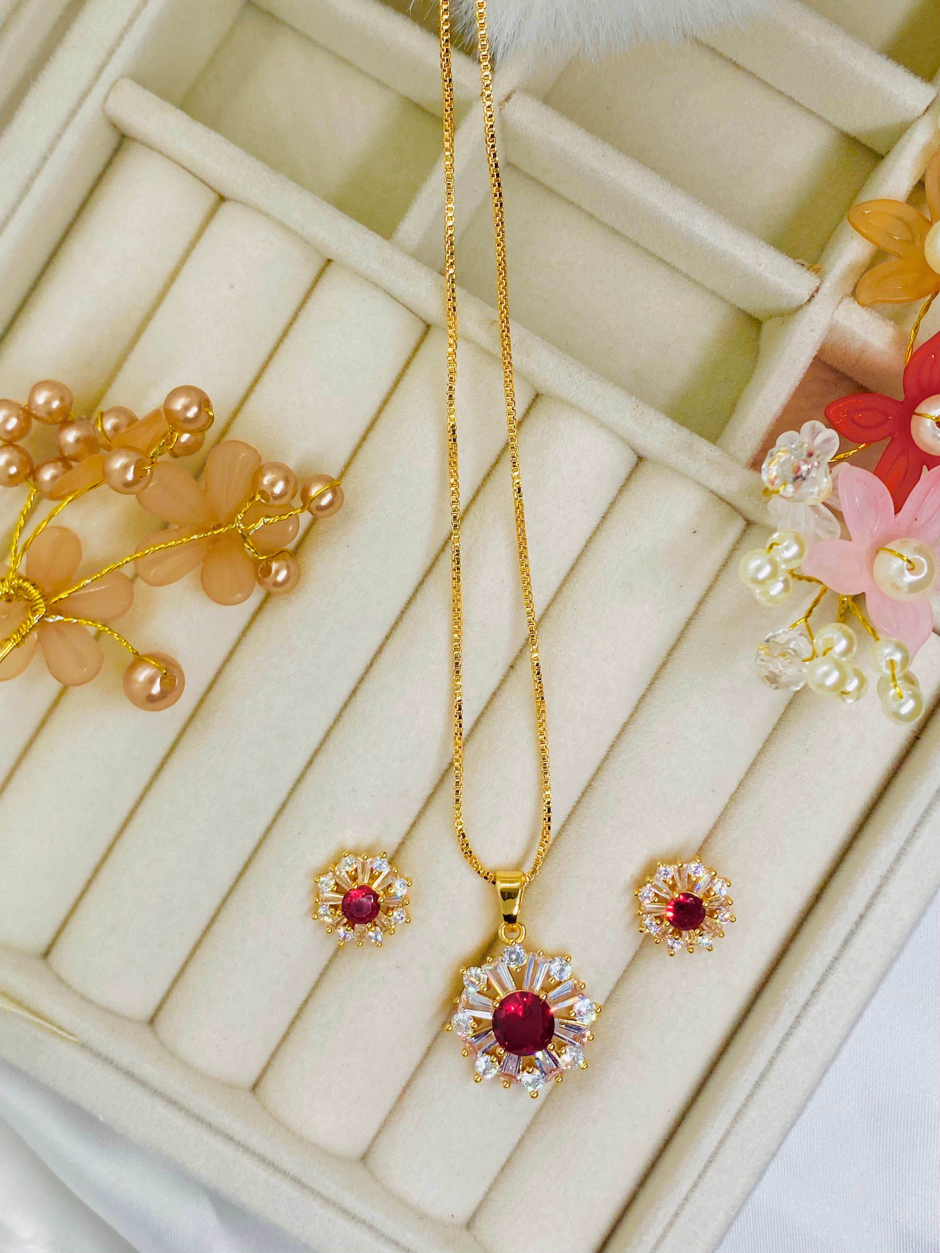 Elegant Ruby Radiance Necklace & Earring Set