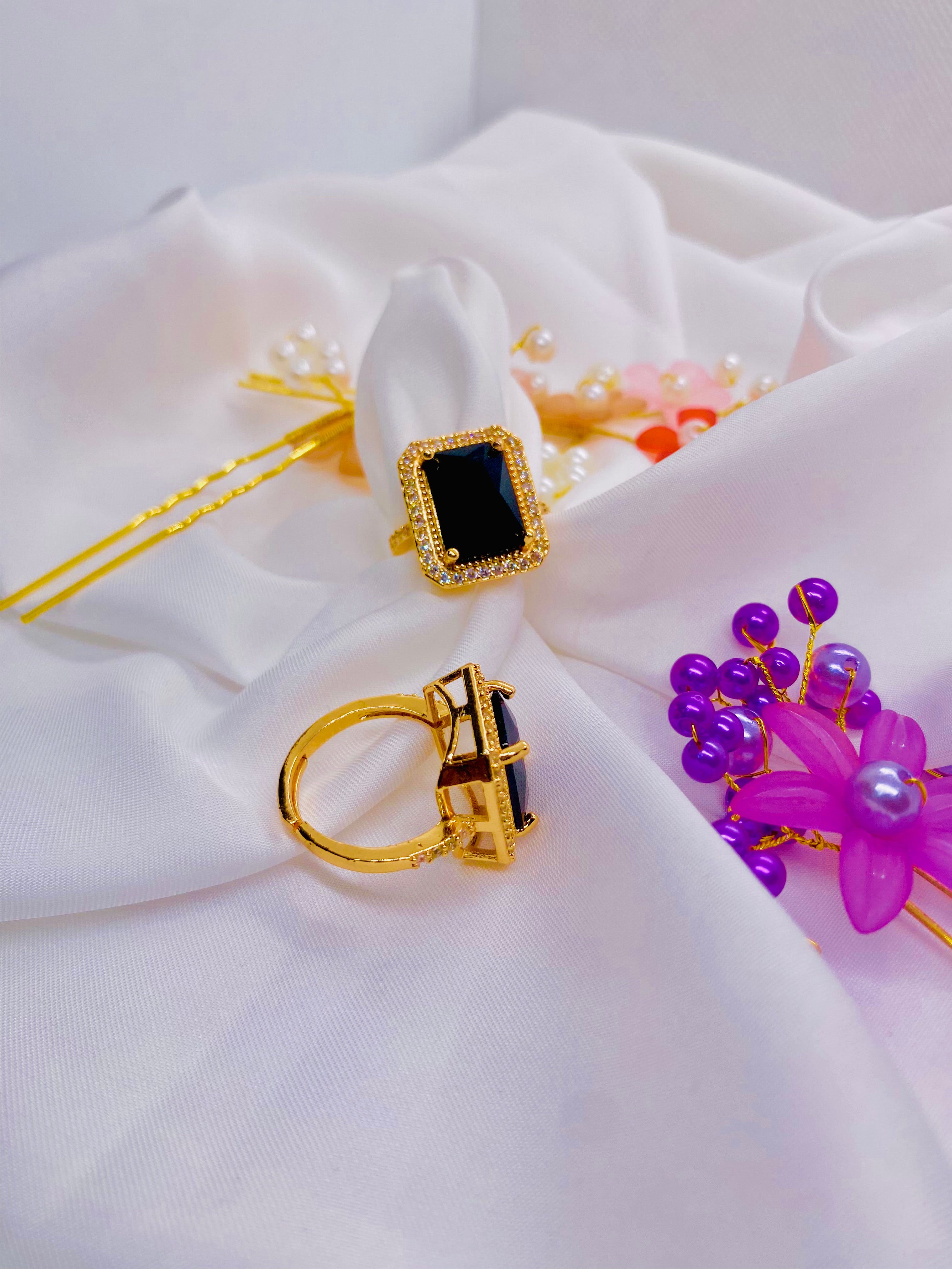 Elegant Gold-Plated Black Stone Statement Ring