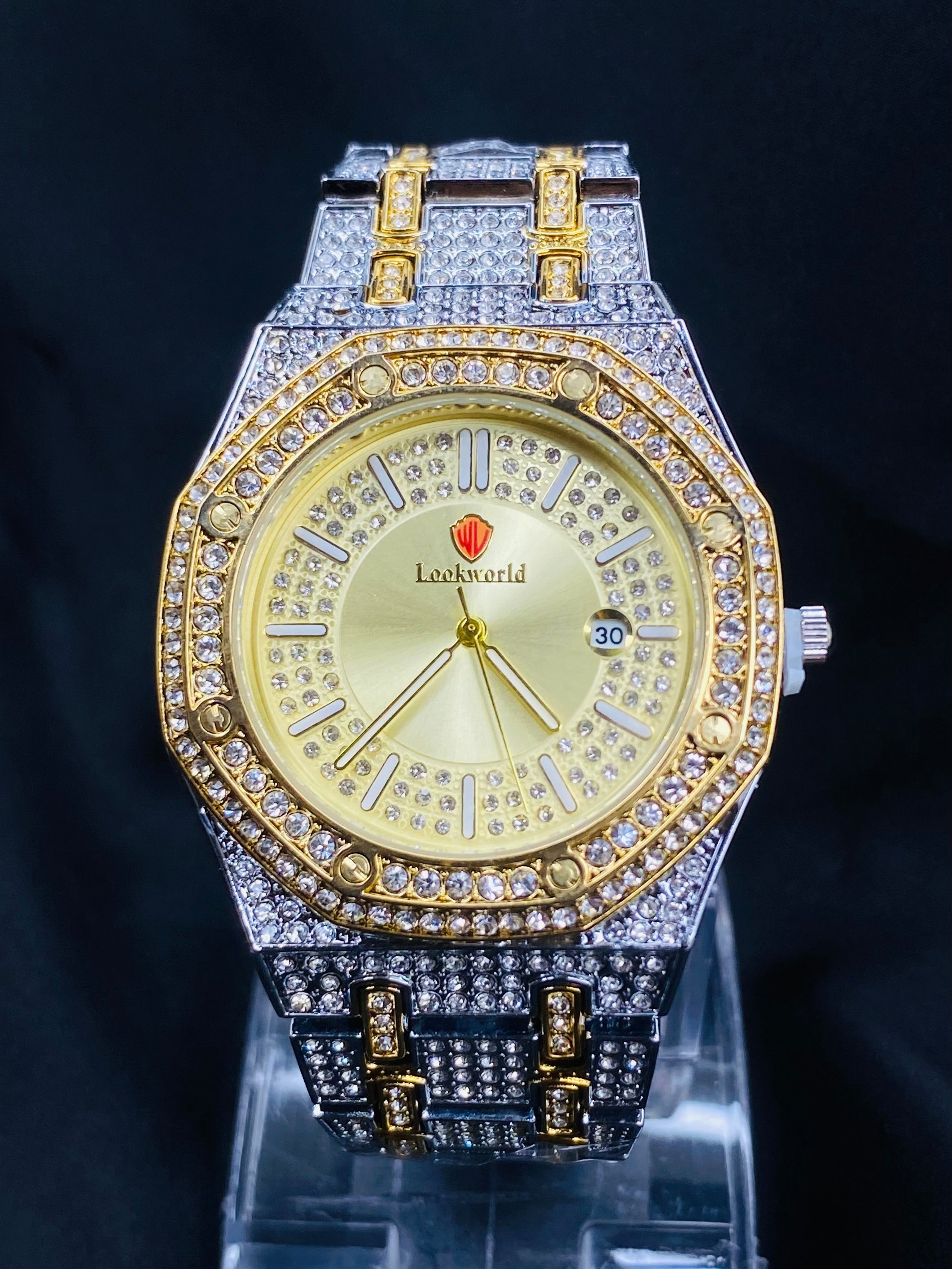 Lookworld Luxury Iced-Out Watch – Gold Dial with Diamond Finish