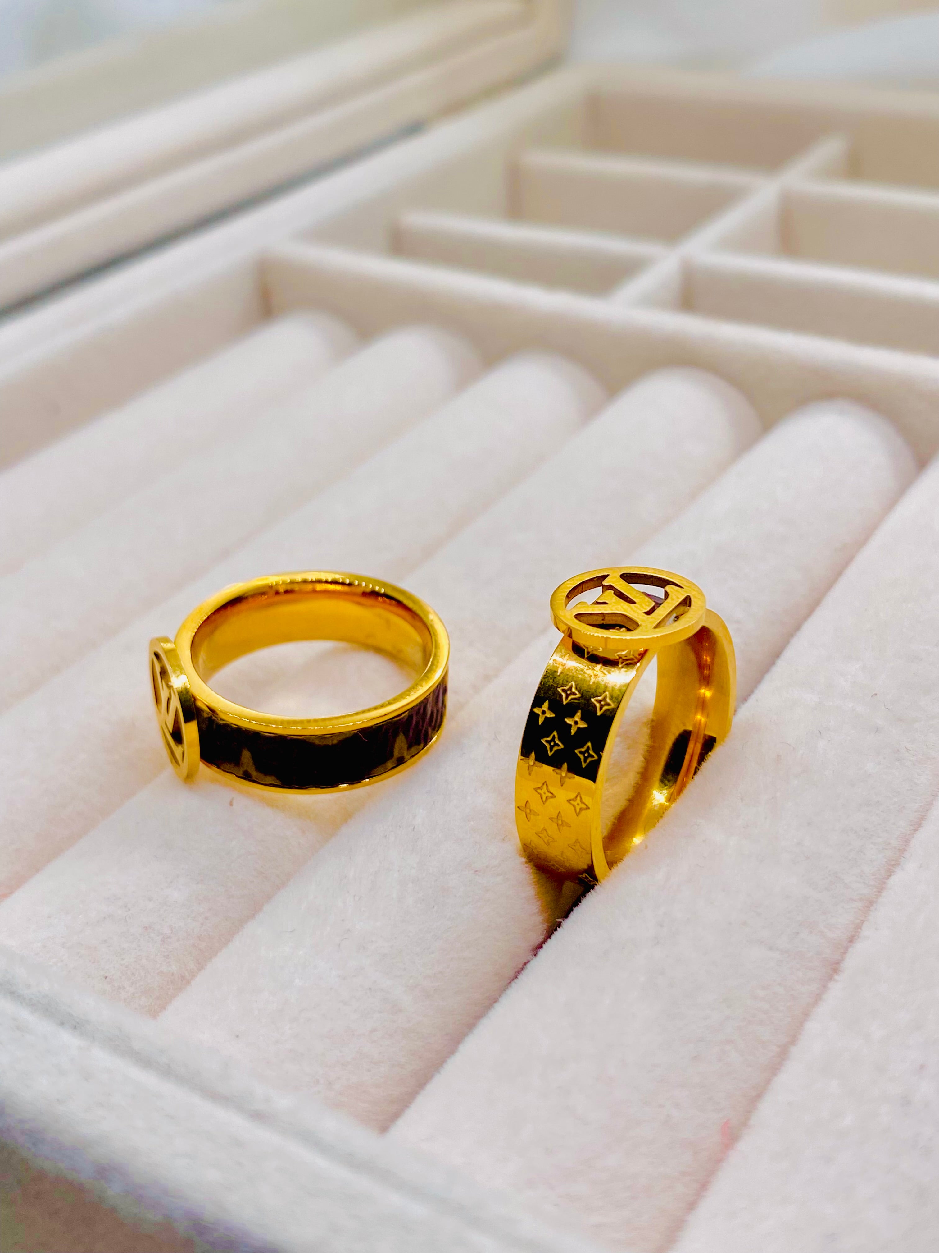 Louis Vuitton-Inspired Gold Rings with Signature LV Monogram
