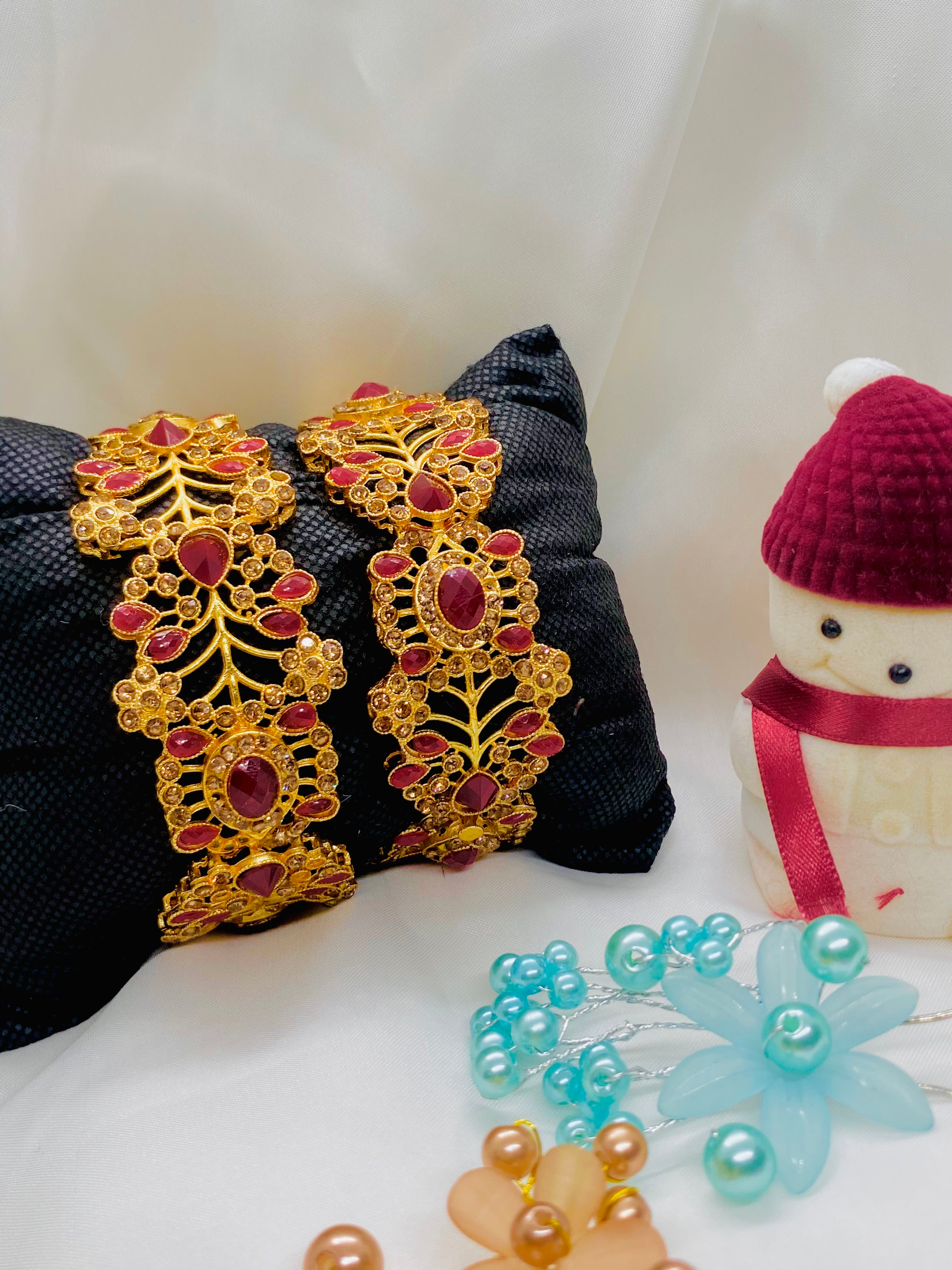 Royal Ruby-Red Stone Bangles with Gold Floral Filigree