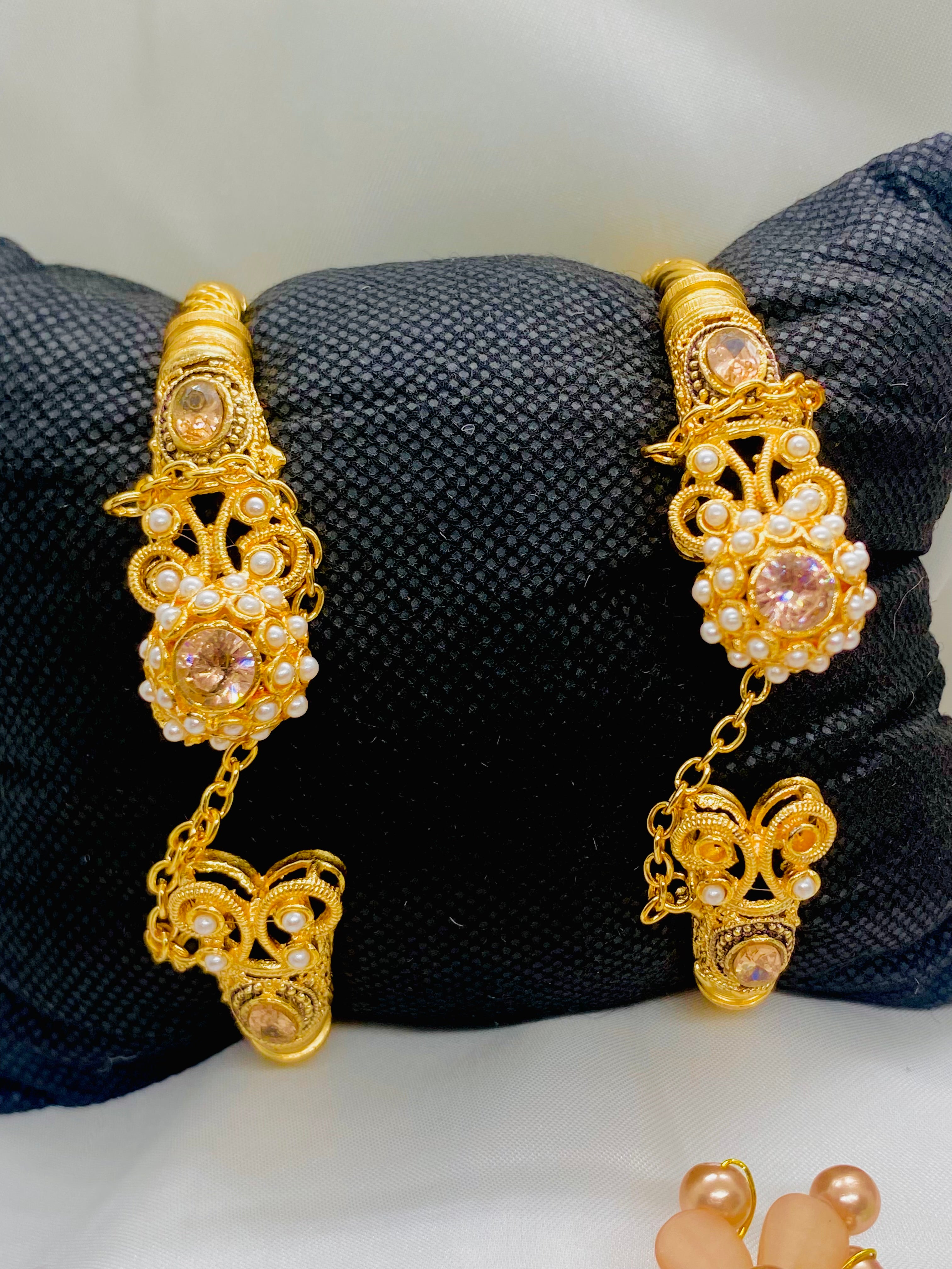 Gold-Plated Bangles with Attached Hathphool – Pearl & Stone