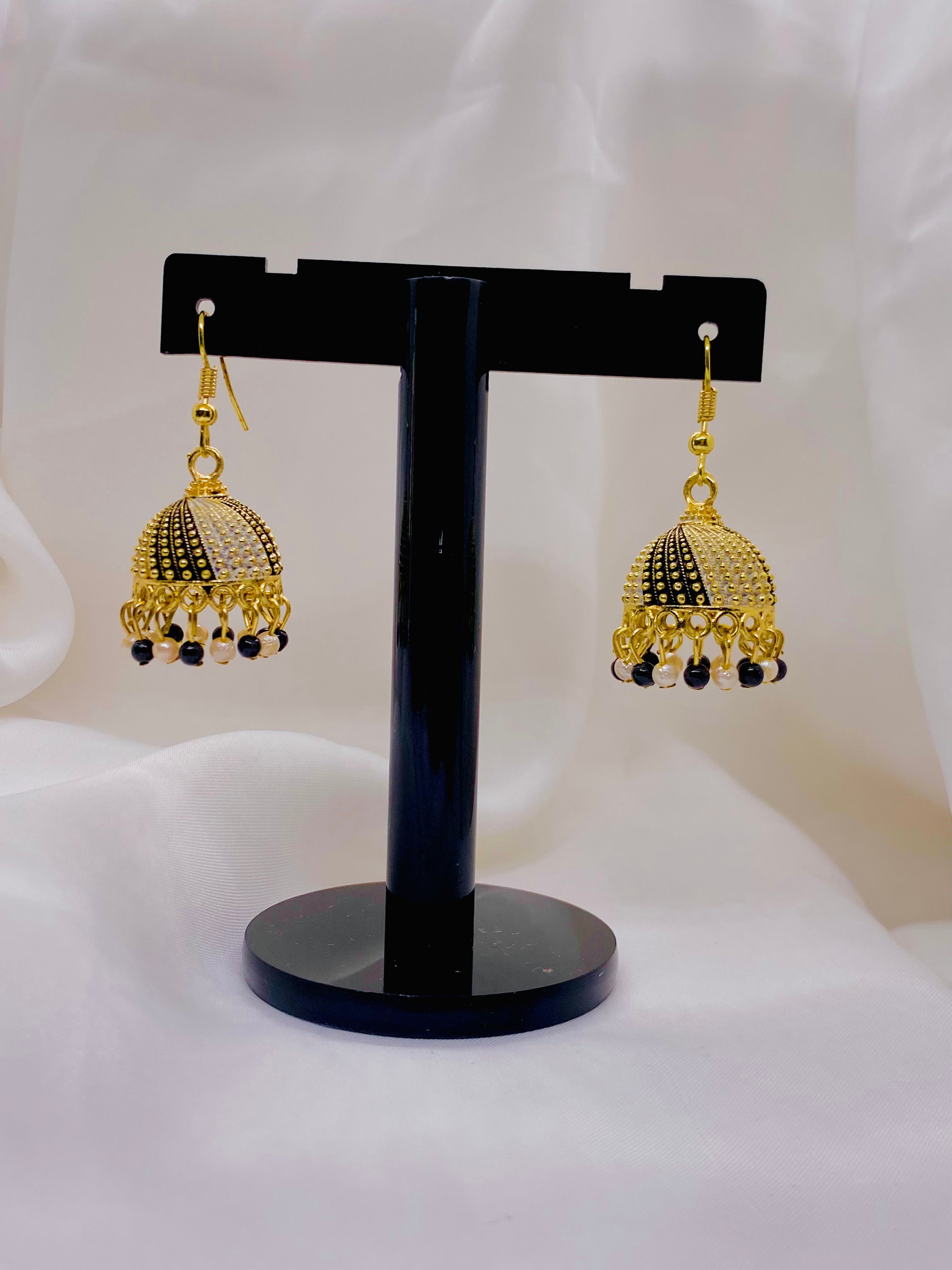 Black & Gold Dual-Tone Jhumka Earrings with Pearl Accents