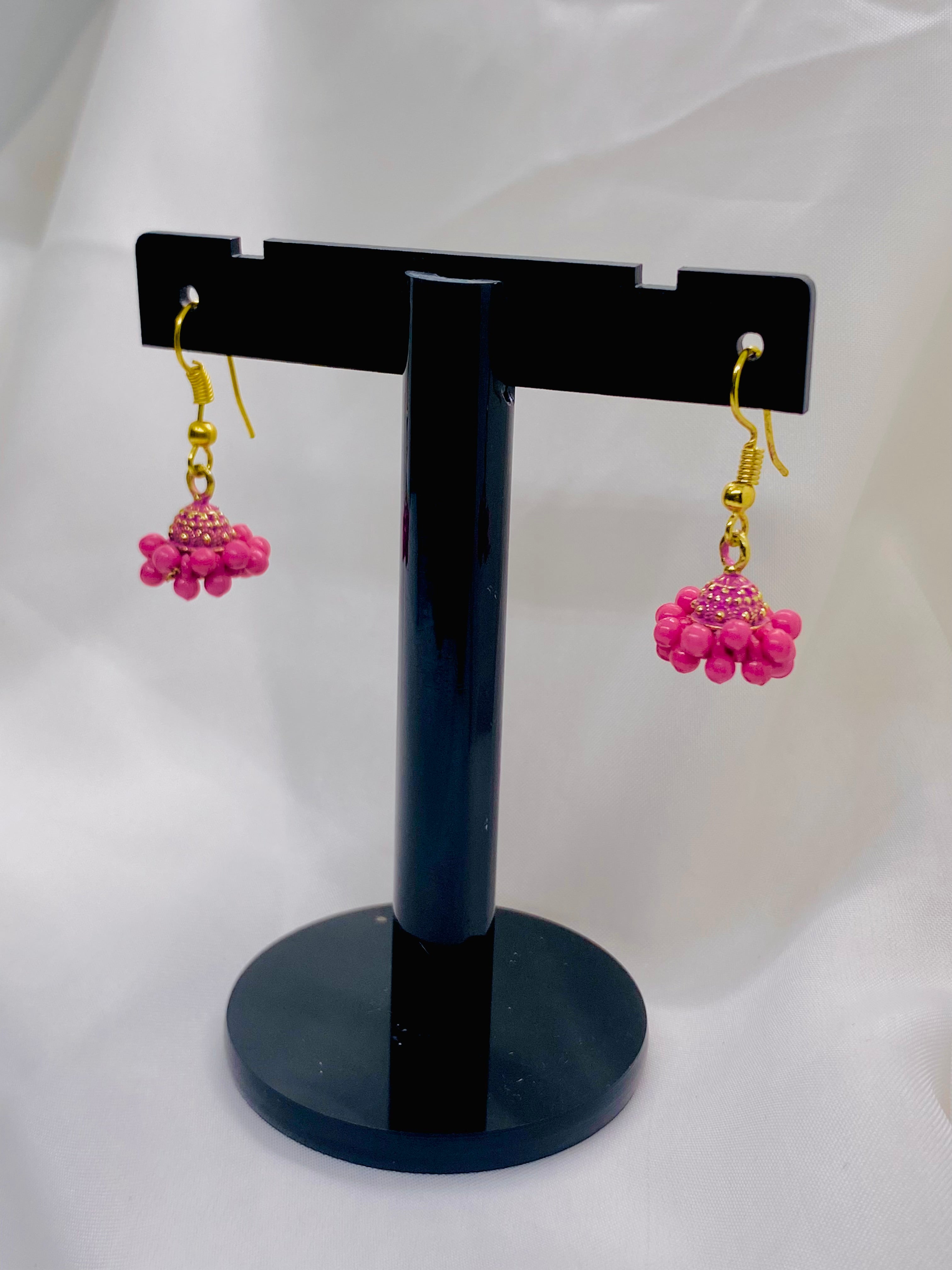 Pink Beaded Jhumka Earrings with Gold Hook