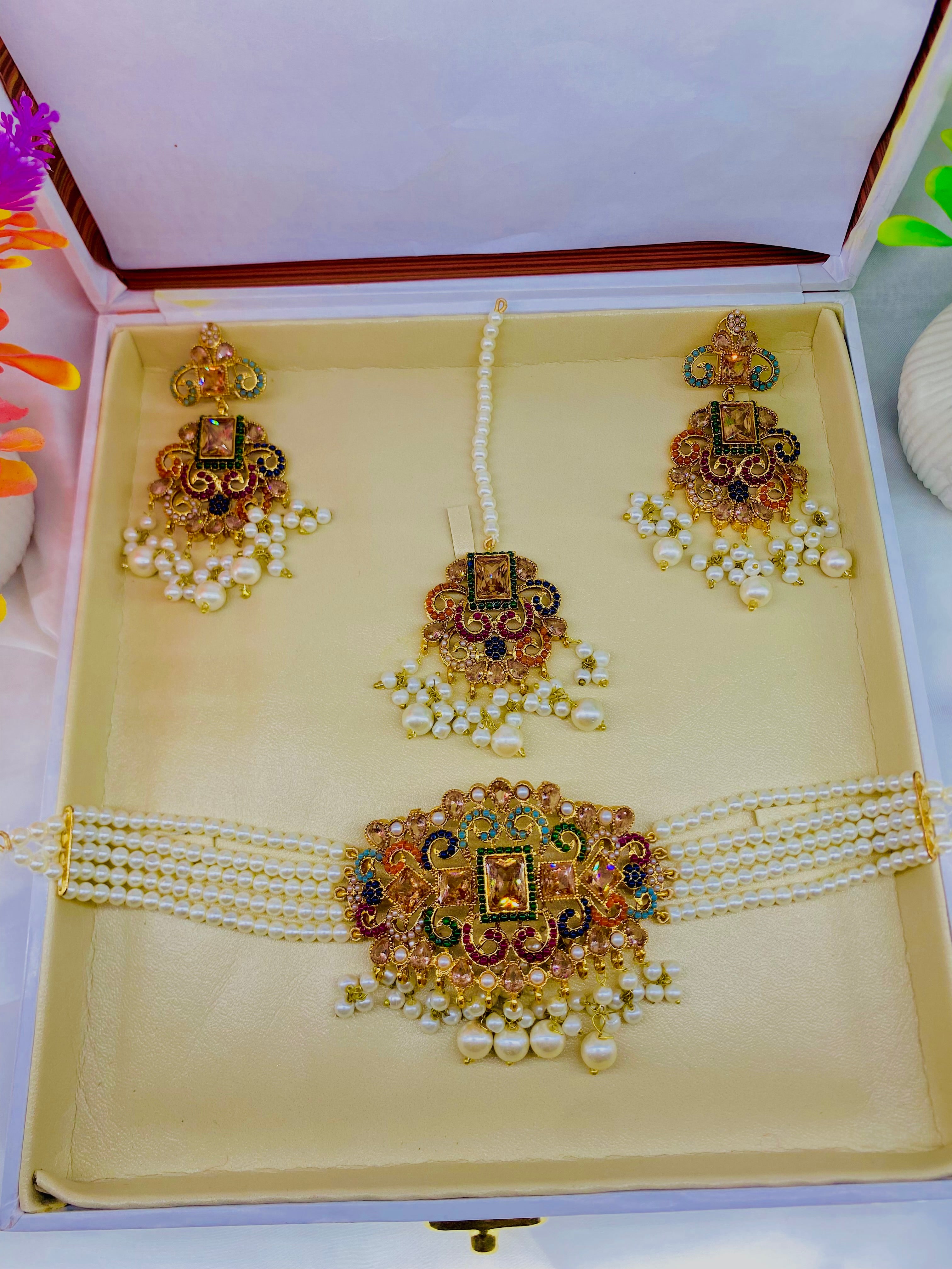Regal Kundan Pearl Choker Set with Maang Tikka and Earrings